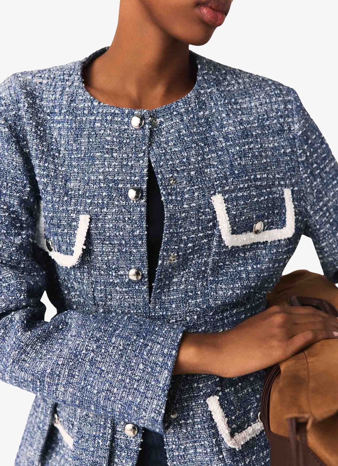 Maje Jack van tweed met klepzakken en strikceintuur - detail 3 donkerblauw