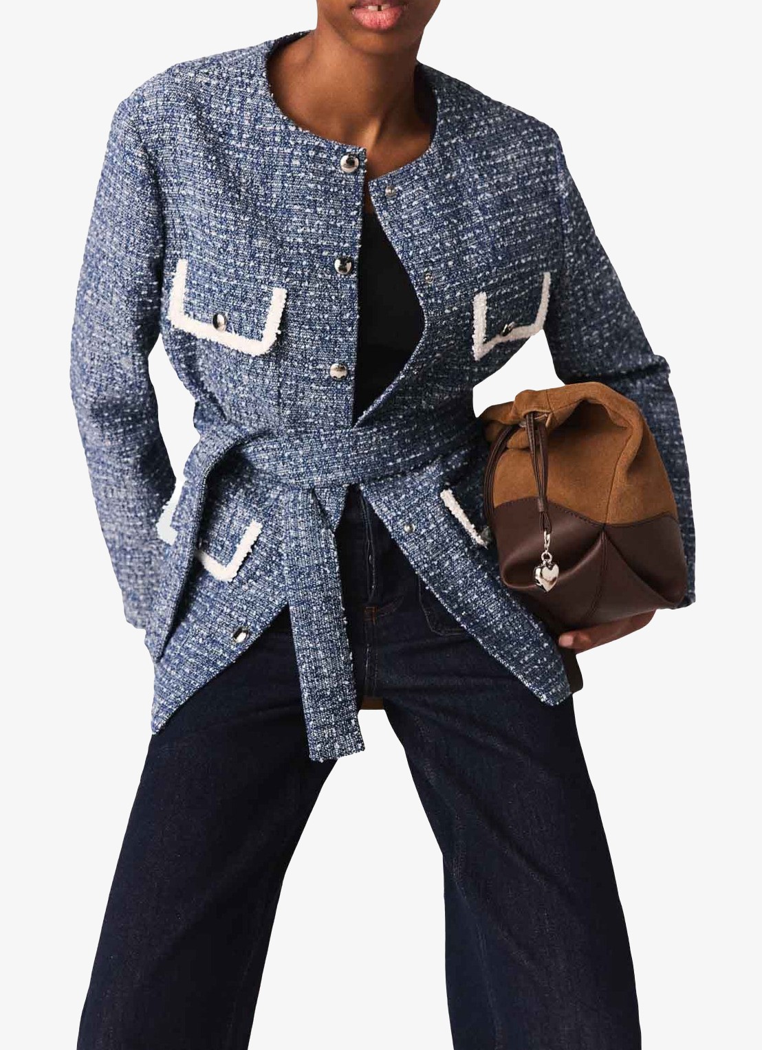 Maje Jack van tweed met klepzakken en strikceintuur - detail 5 donkerblauw