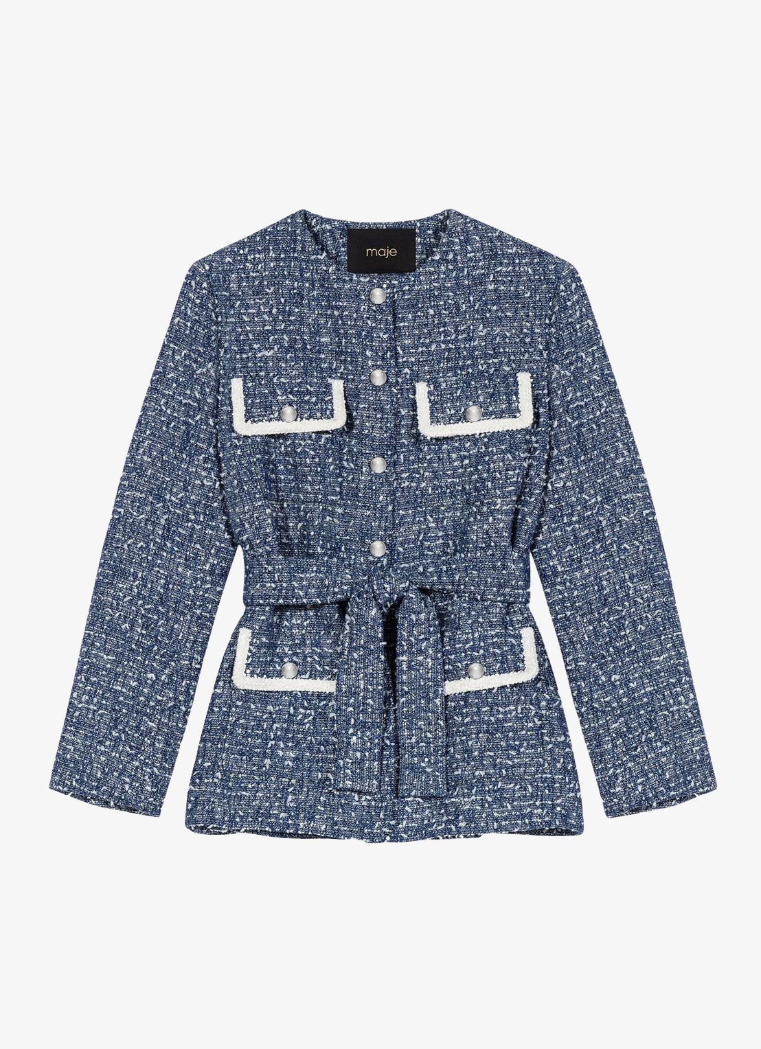 Maje Jack van tweed met klepzakken en strikceintuur - voorkant 6 donkerblauw