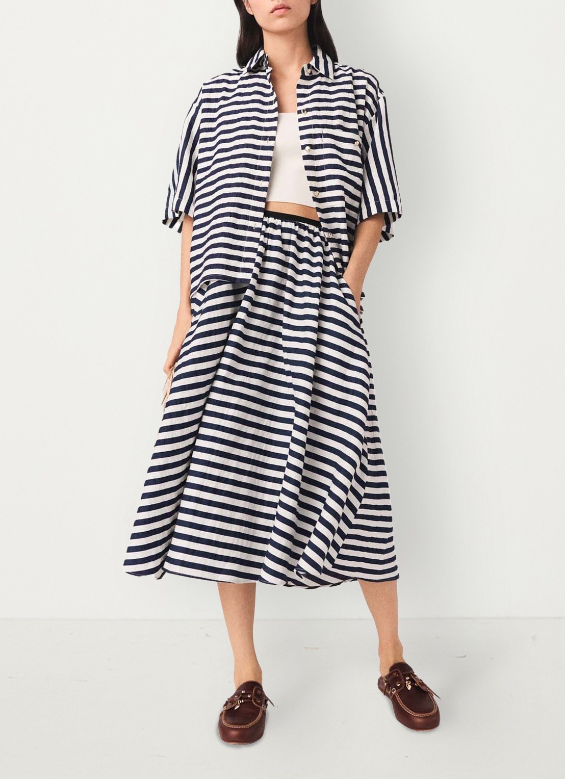 Maje Jalais midi rok met streepprint - detail 2 donkerblauw