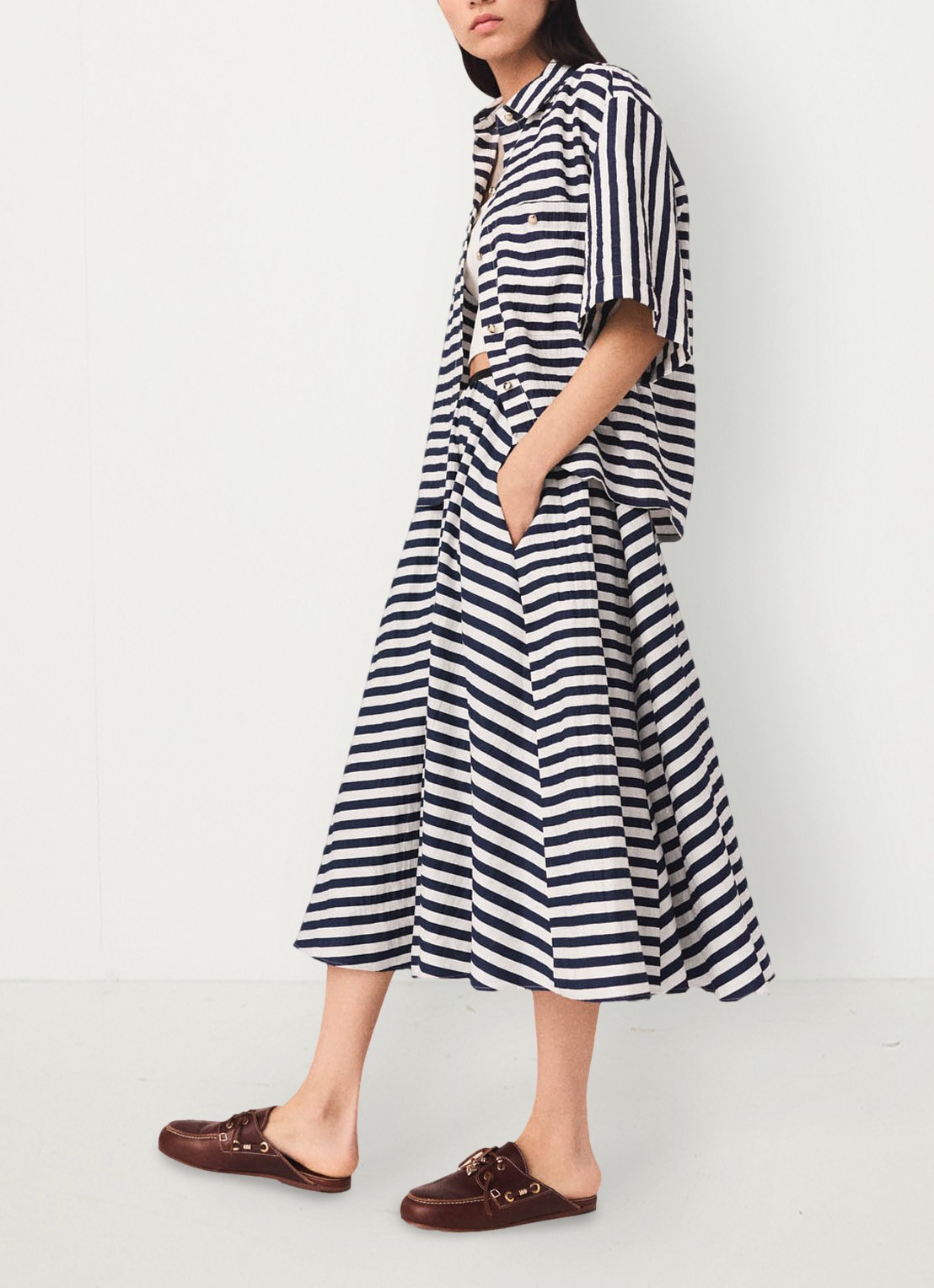 Maje Jalais midi rok met streepprint - detail 3 donkerblauw