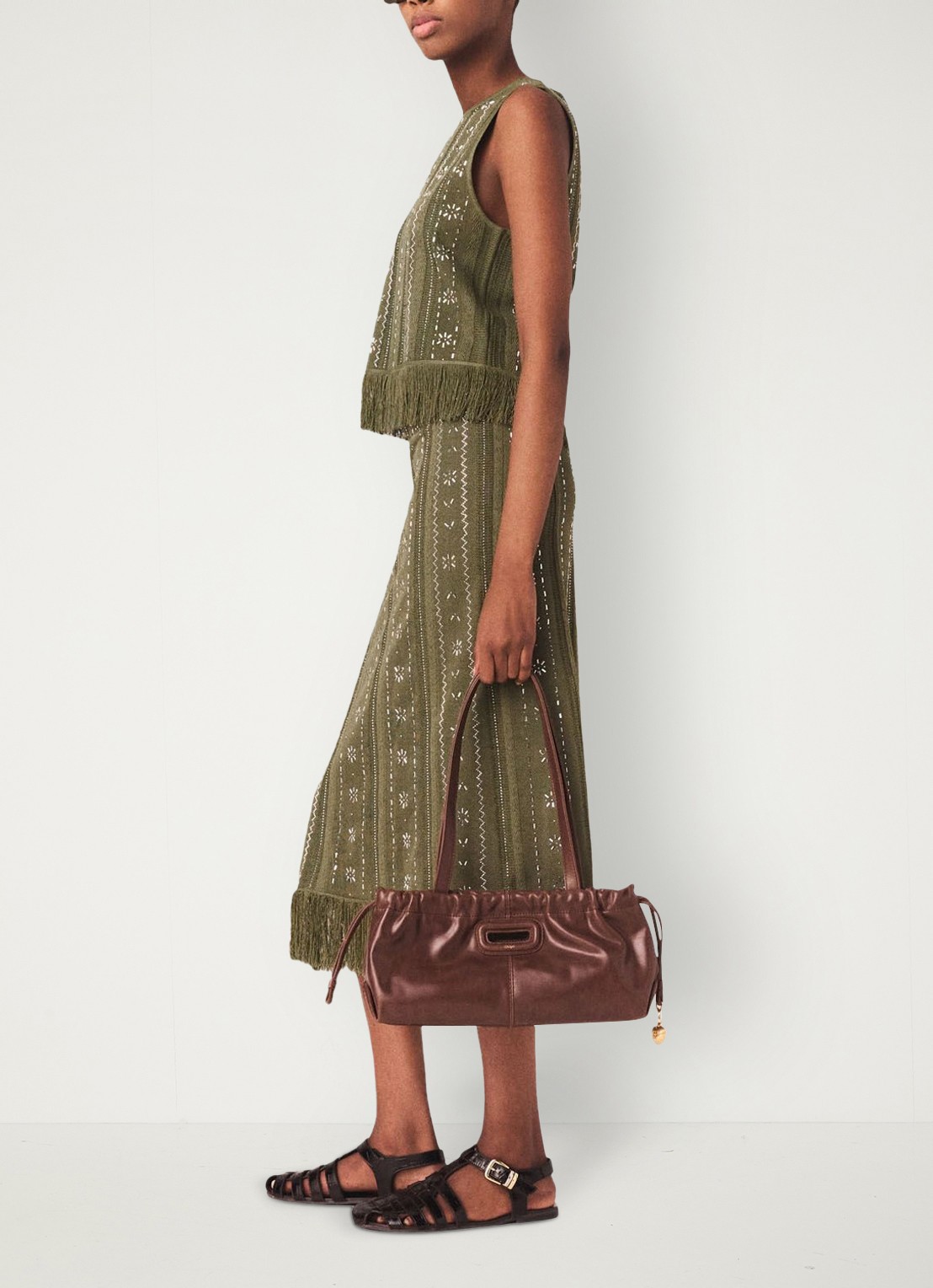 Maje Jilurex midi rok met strass en franjes - detail 2 legergroen