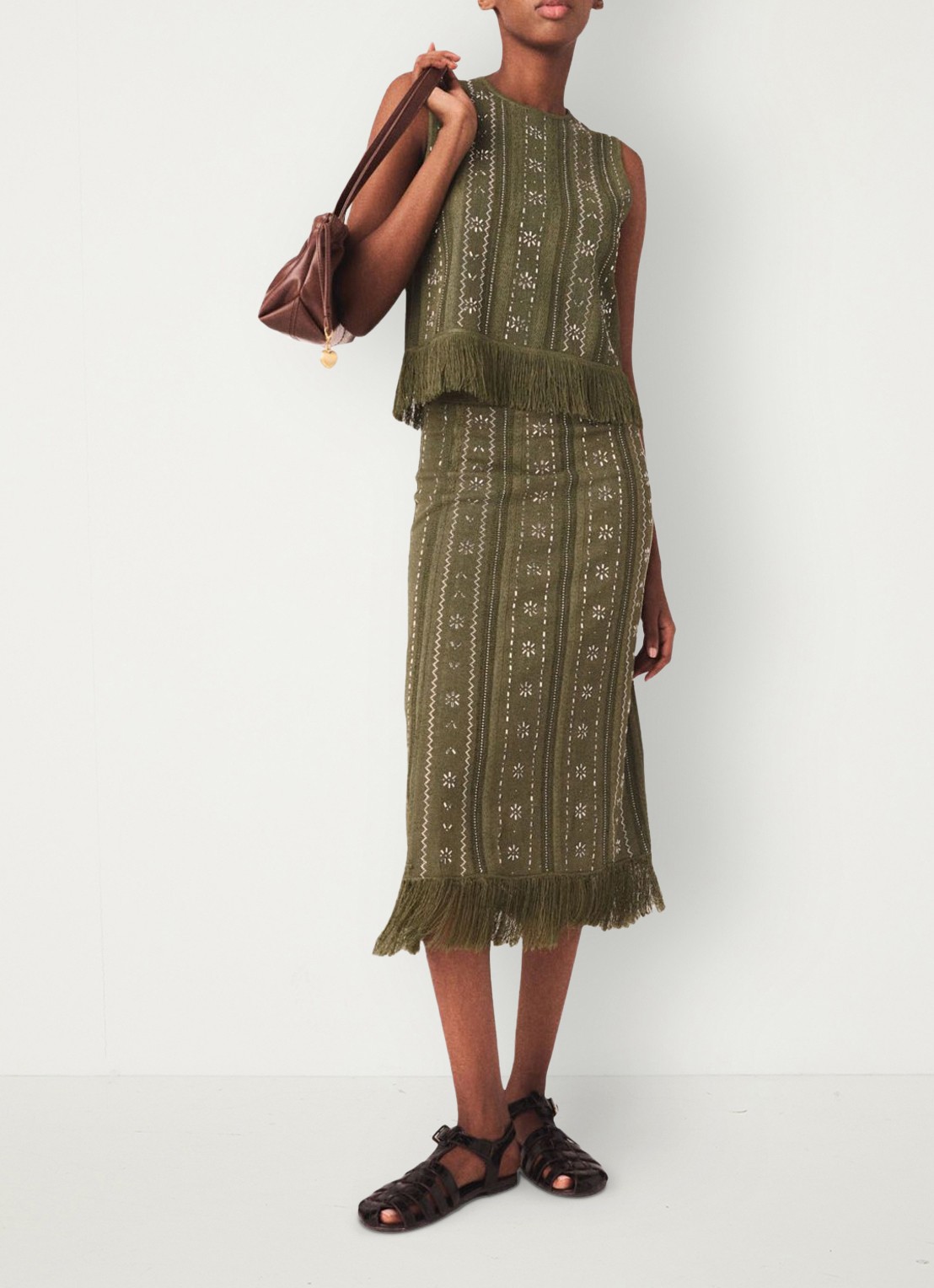 Maje Jilurex midi rok met strass en franjes - detail 3 legergroen