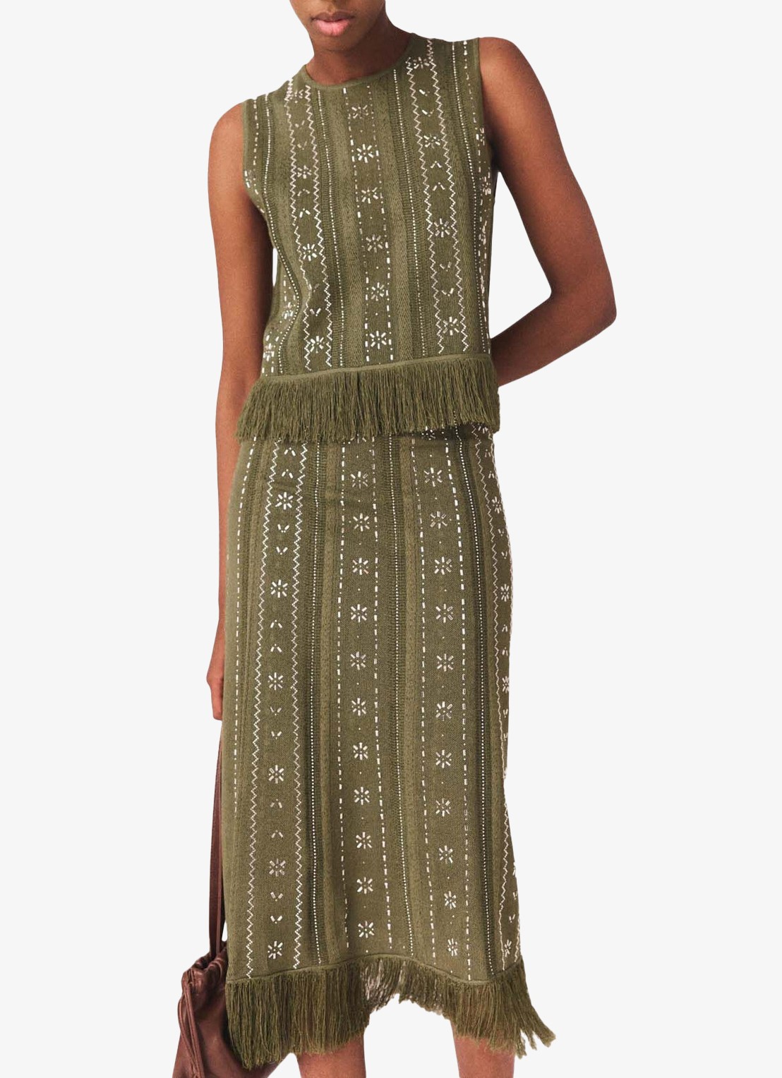 Maje Jilurex midi rok met strass en franjes - detail 4 legergroen