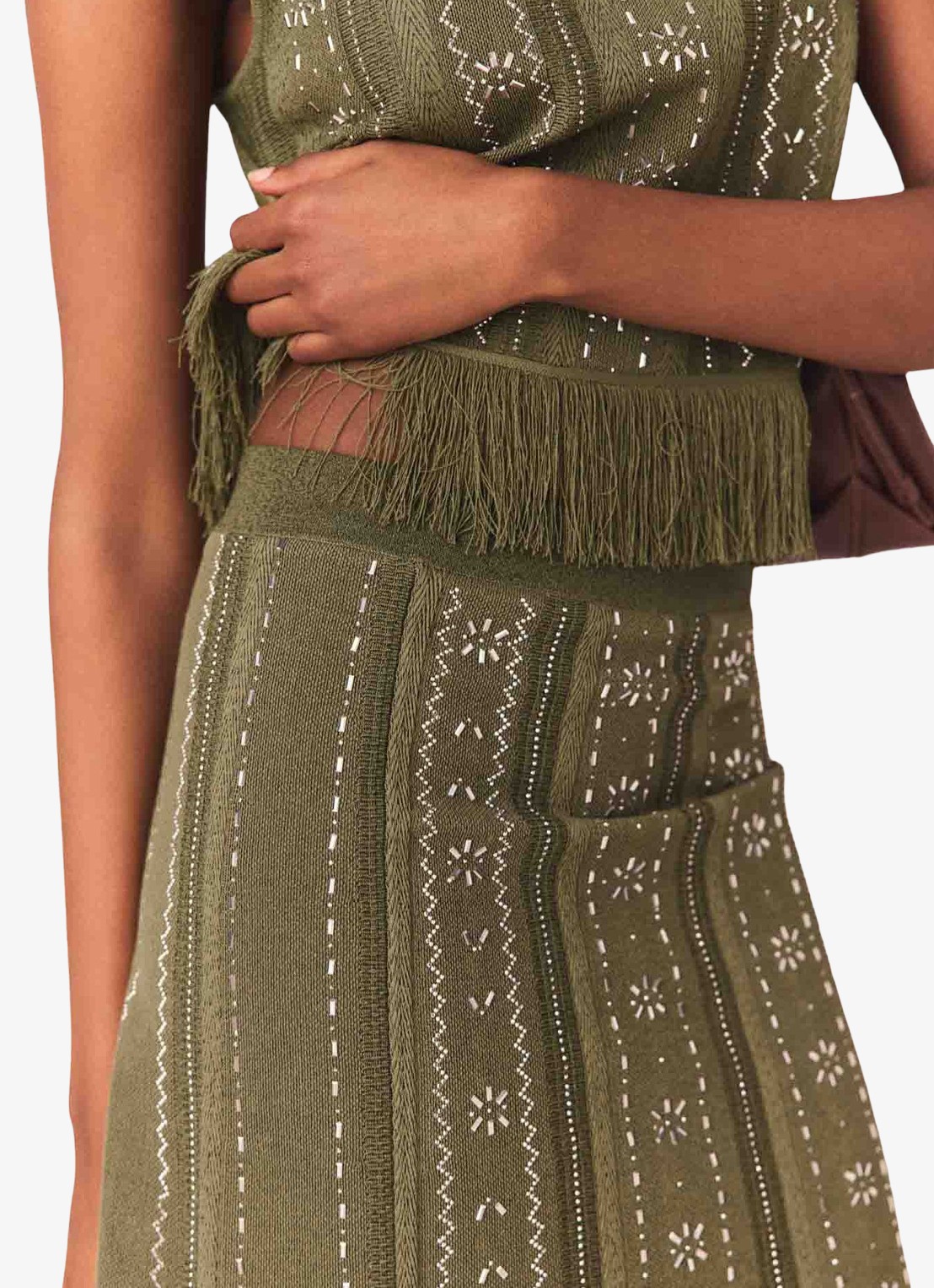 Maje Jilurex midi rok met strass en franjes - detail 5 legergroen