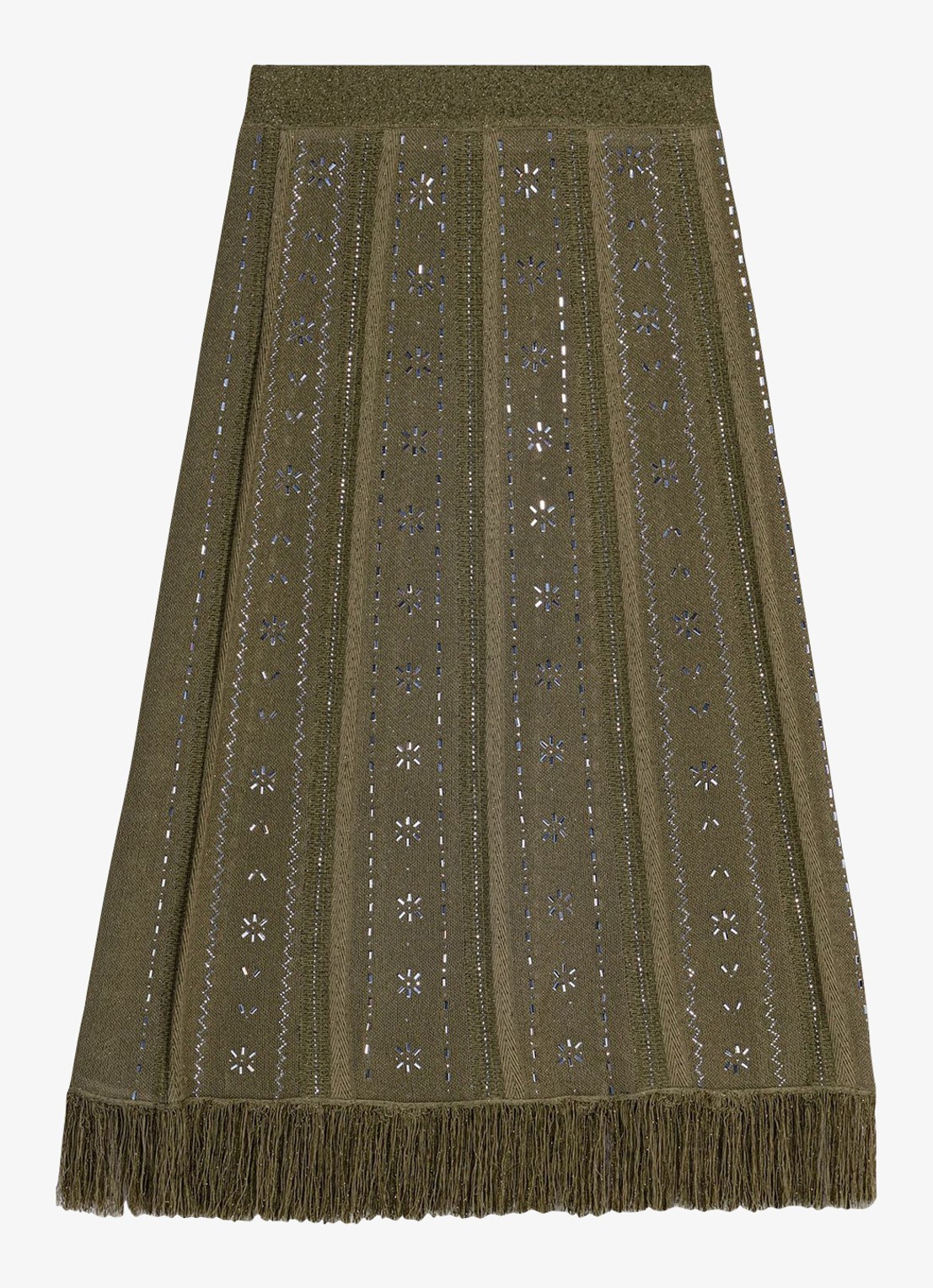 Maje Jilurex midi rok met strass en franjes - voorkant 7 legergroen
