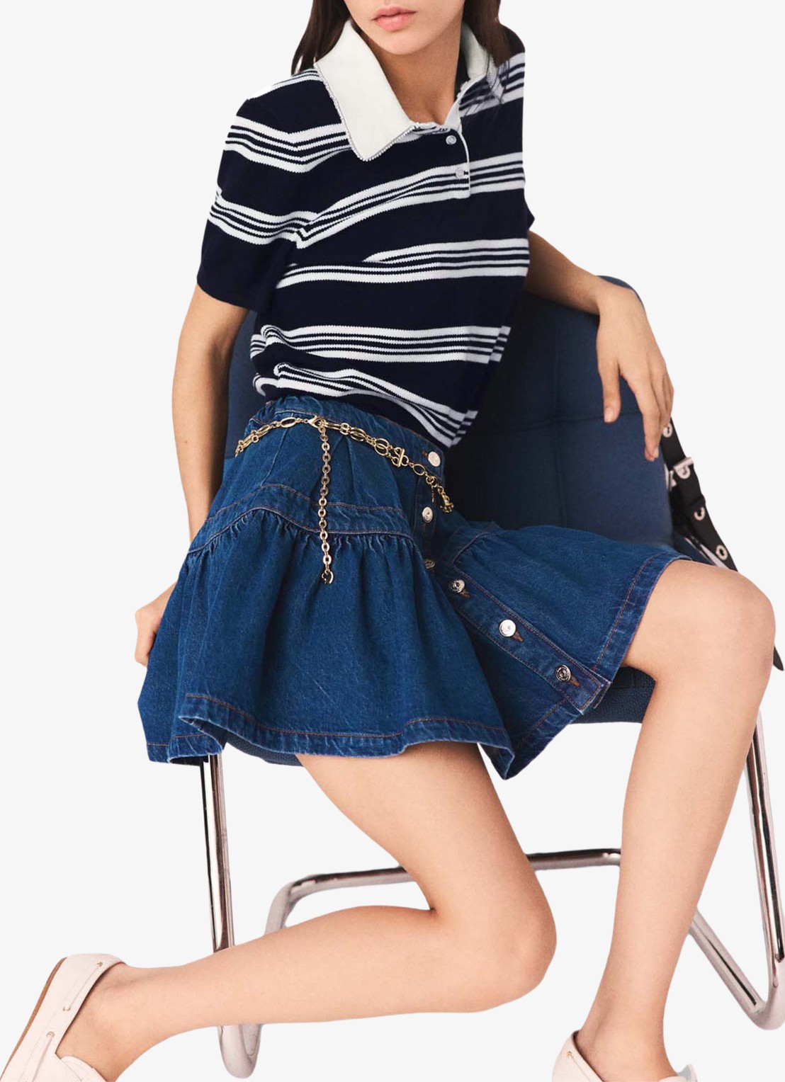 Maje Juponim mini spijkerrok met plooien - detail 5 donkerblauw