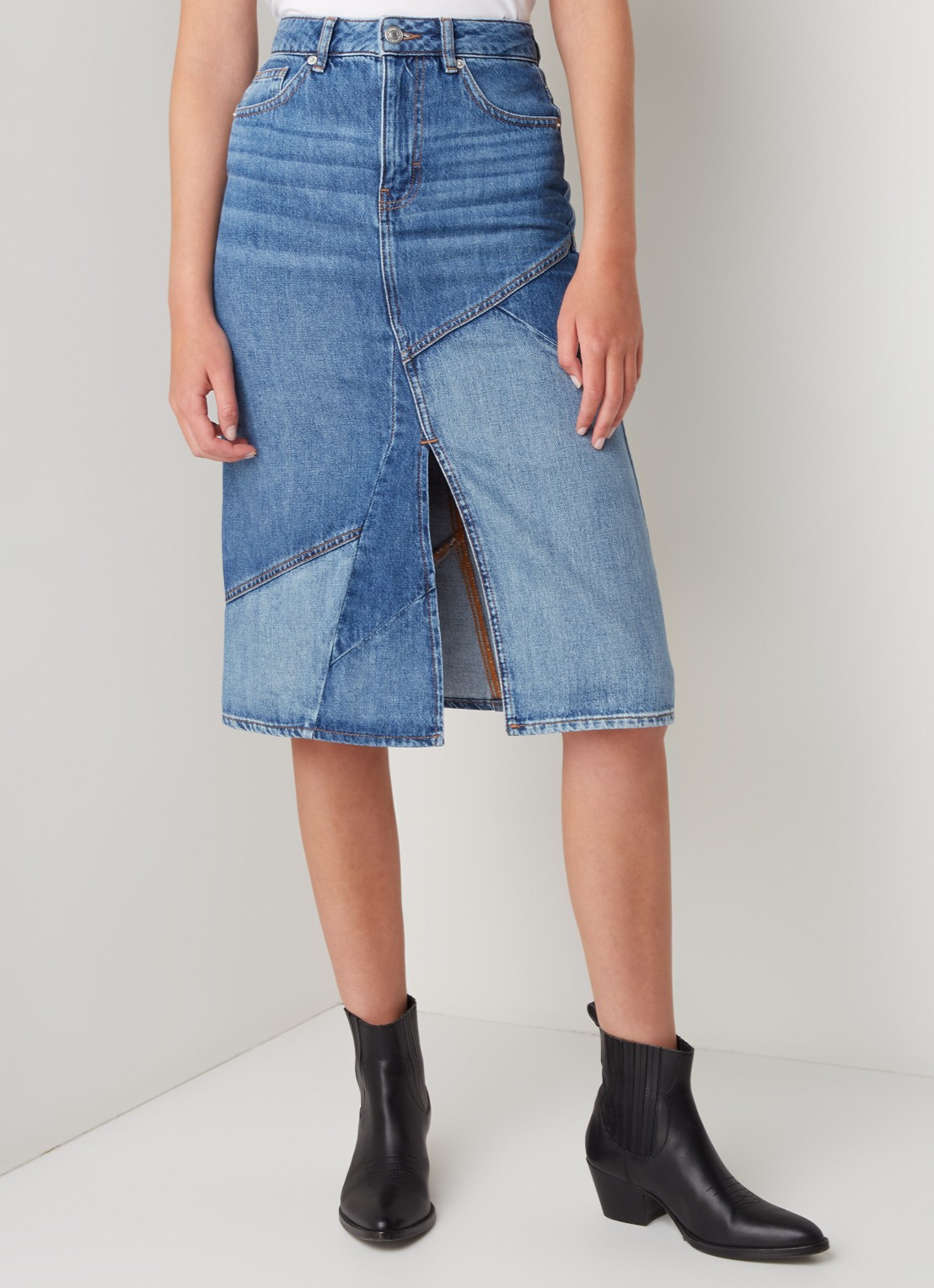Maje Justine midi spijkerrok met patchwork - detail jeans