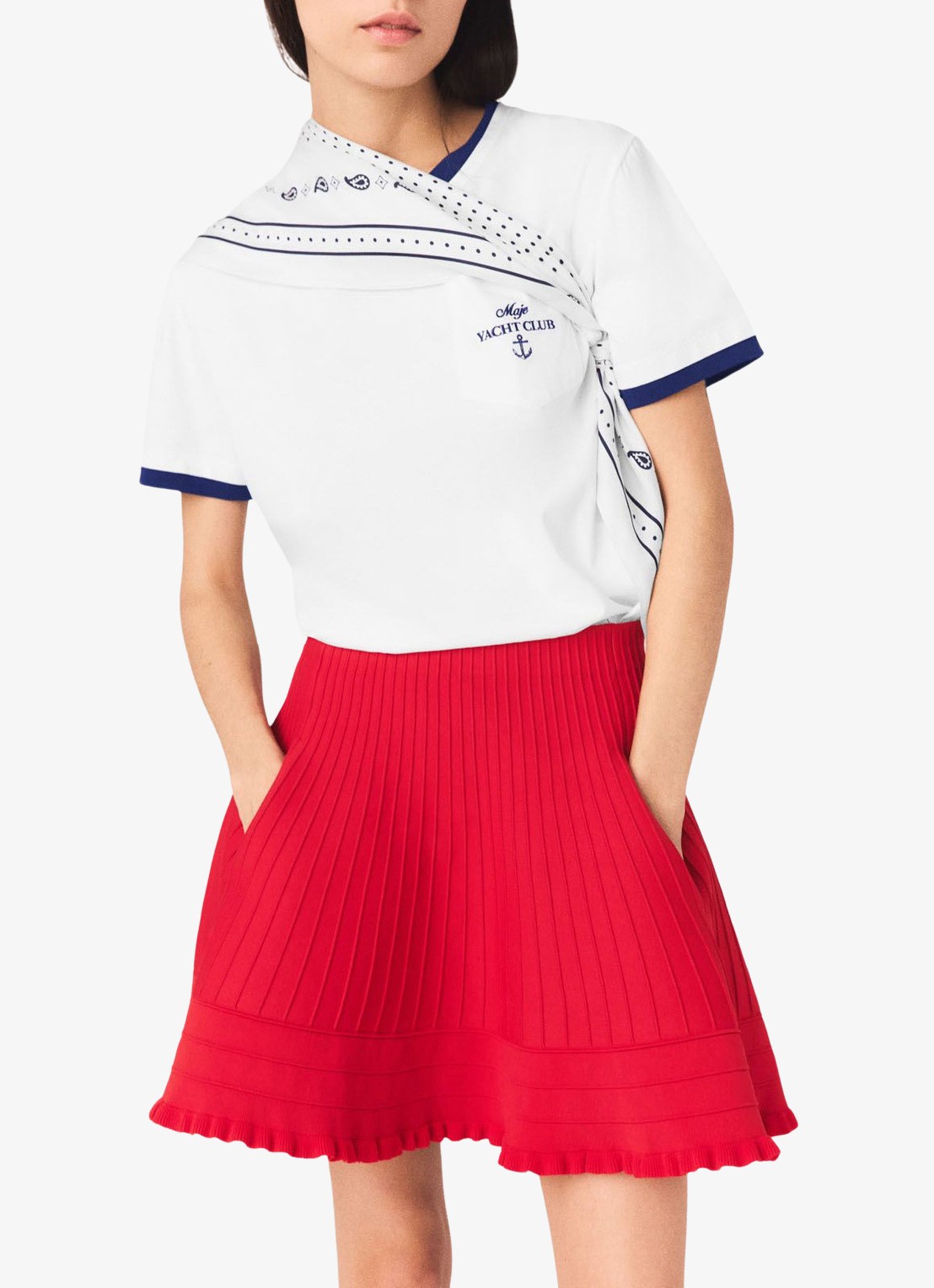 Maje Jutell rok met plooien en steekzakken - detail steenrood
