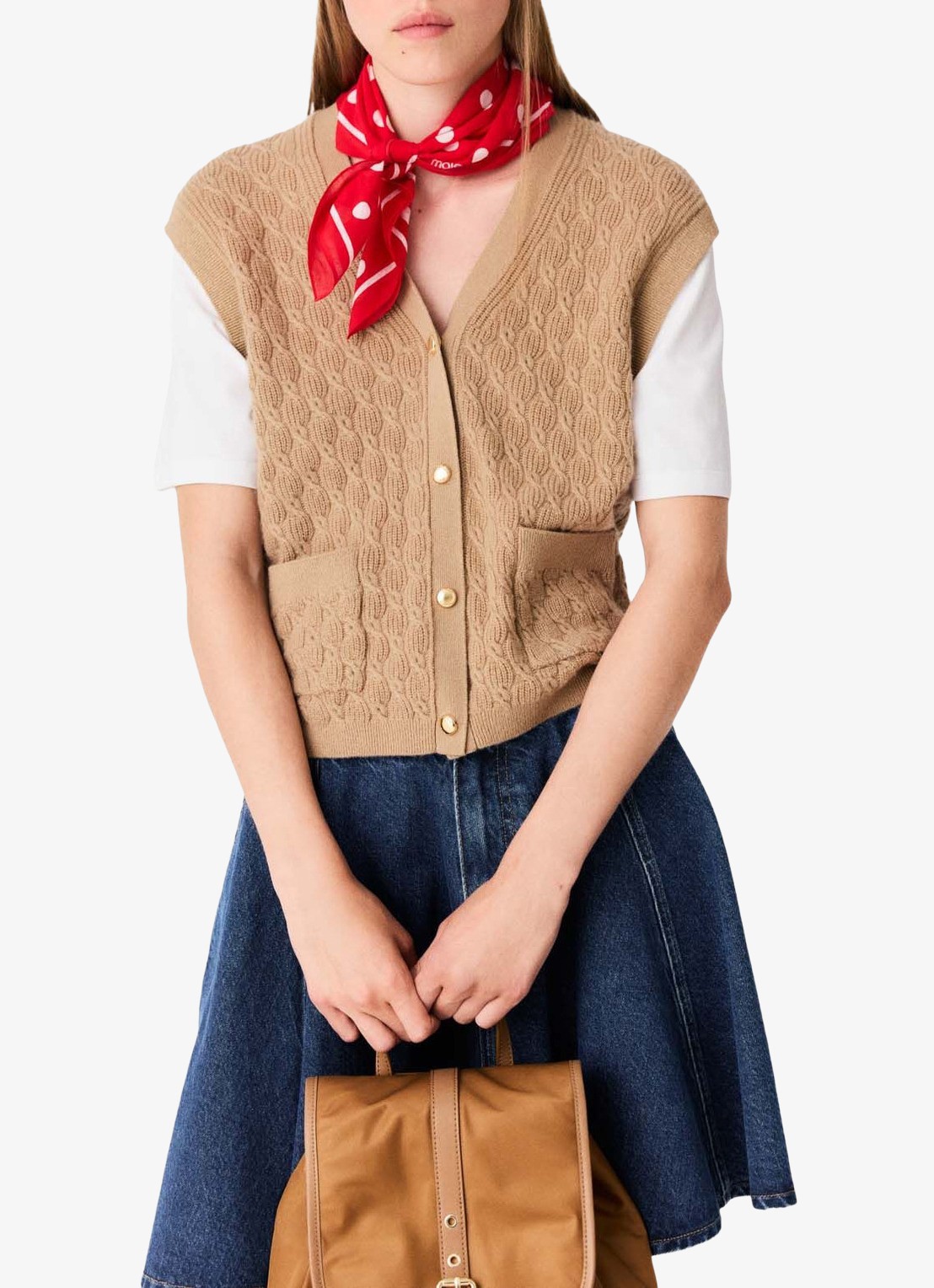 Maje Kabelgebreid gilet in kasjmierblend met opgestikte zakken - detail 3 beige