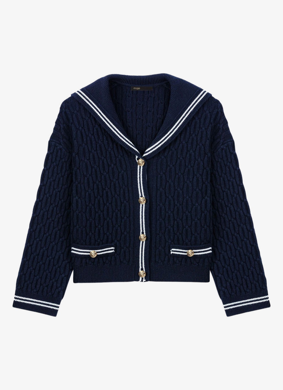 Maje Kabelgebreid vest van wol - voorkant blauw