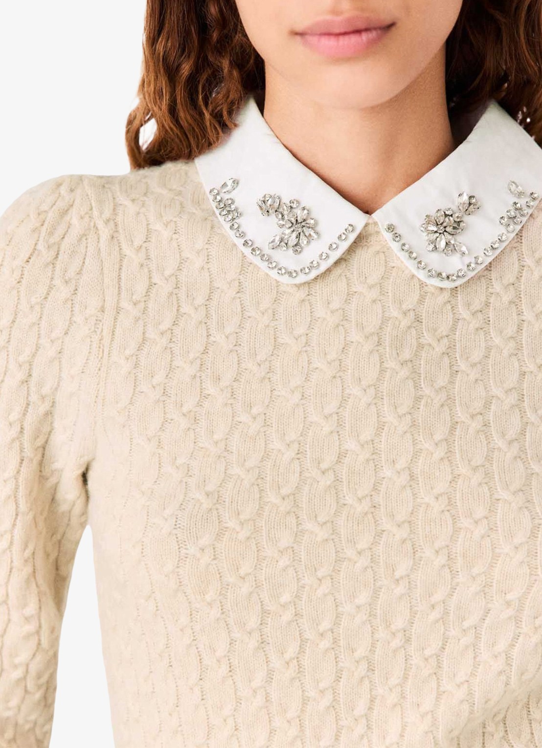 Maje Kabelgebreide trui in kasjmierblend met strass  - detail 4 beige