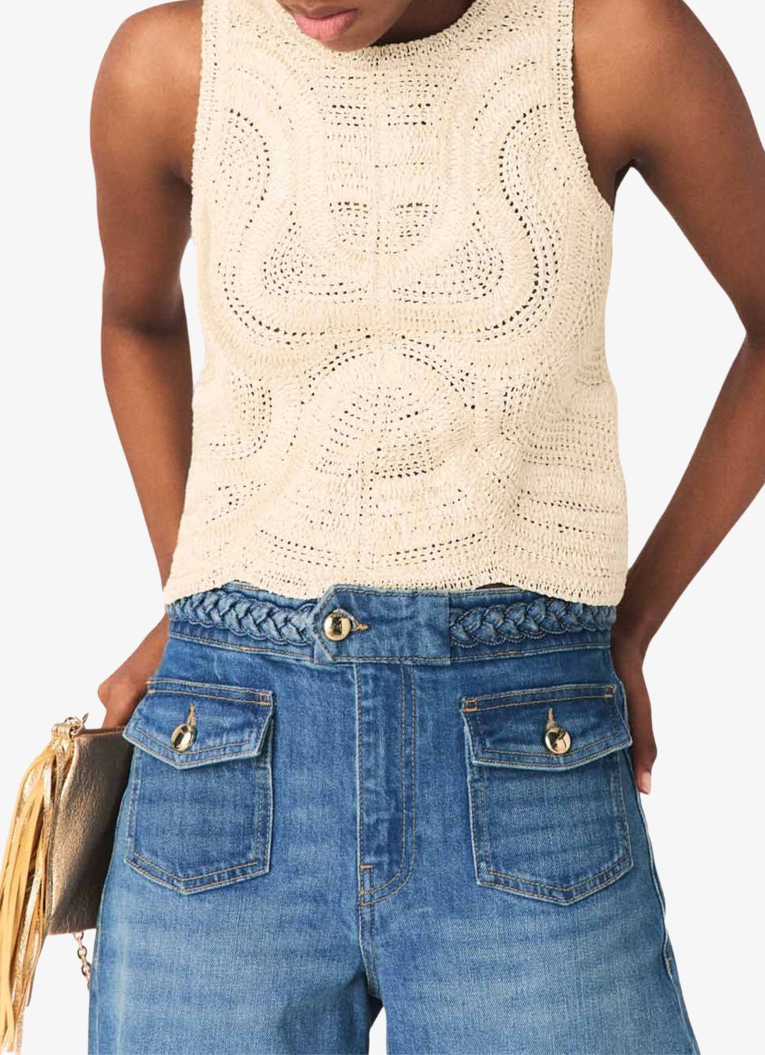 Maje Light mouwloze top met opengewerkt dessin - detail 4 beige