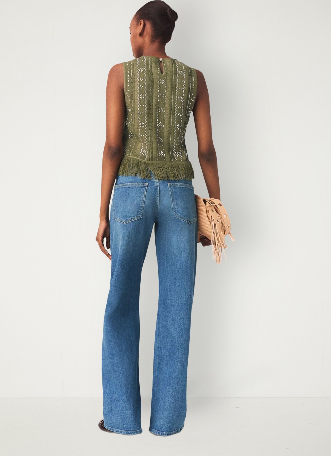 Maje Lilurex tanktop met strass en franjes - achterkant legergroen