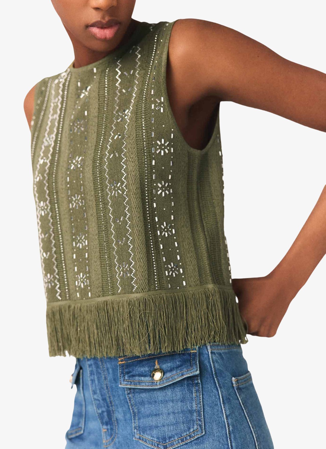 Maje Lilurex tanktop met strass en franjes - detail 2 legergroen