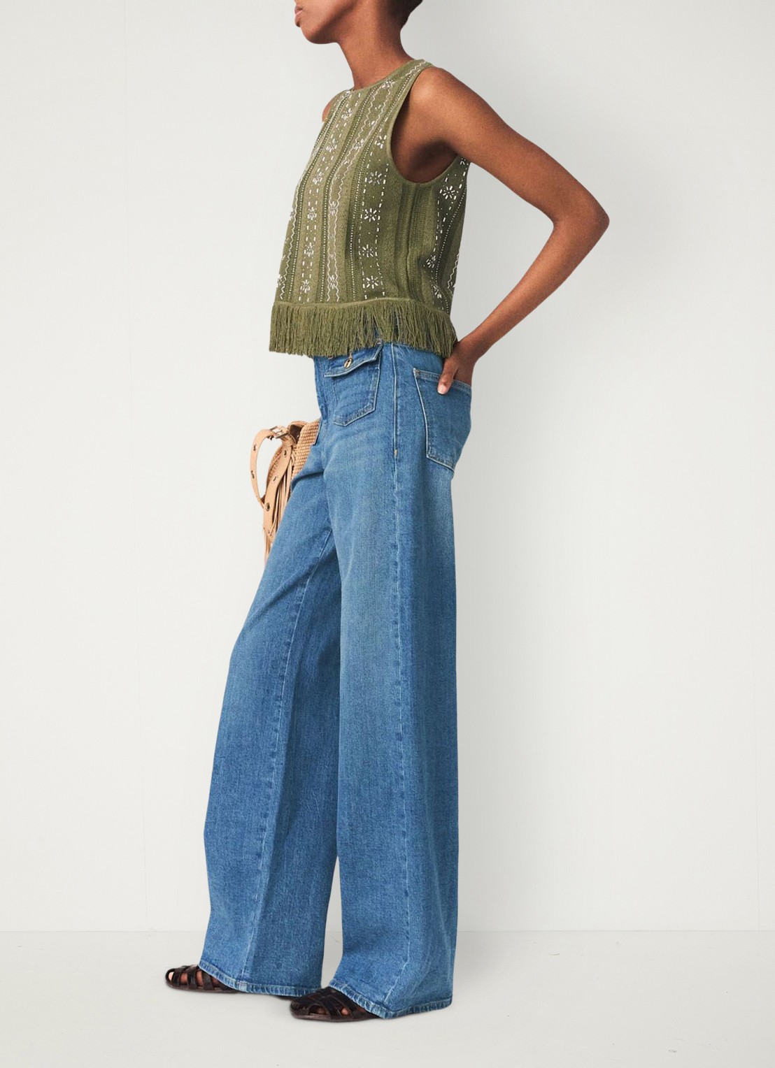 Maje Lilurex tanktop met strass en franjes - detail 3 legergroen