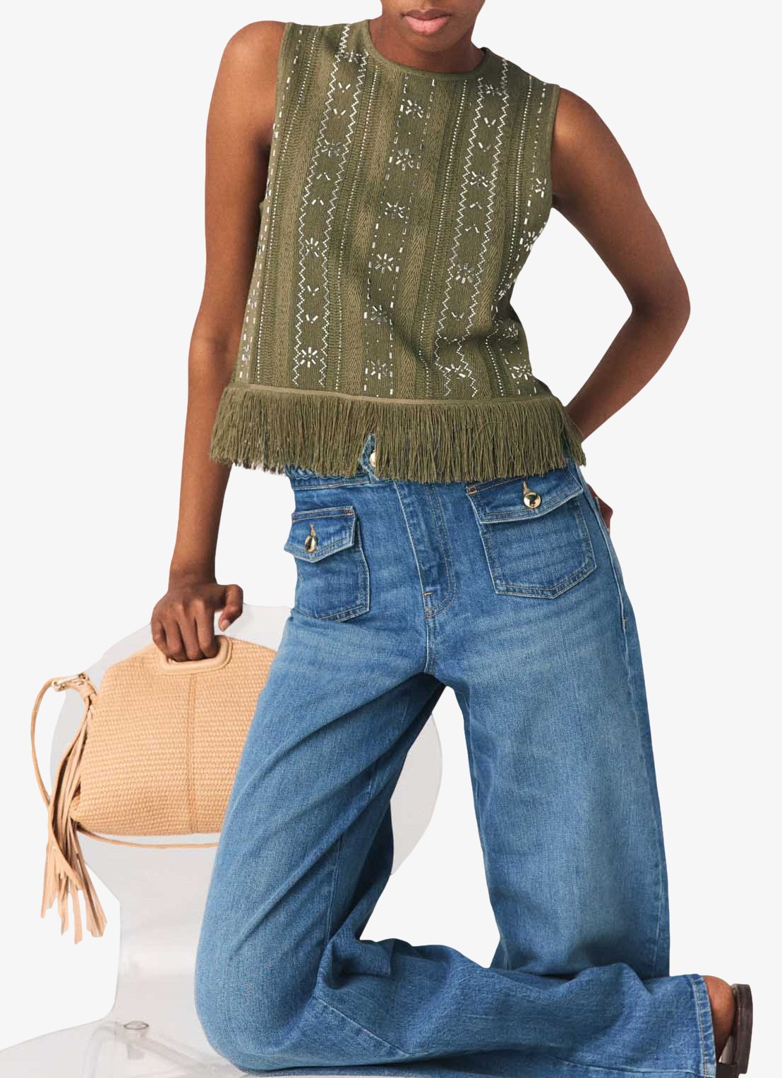 Maje Lilurex tanktop met strass en franjes - detail 4 legergroen