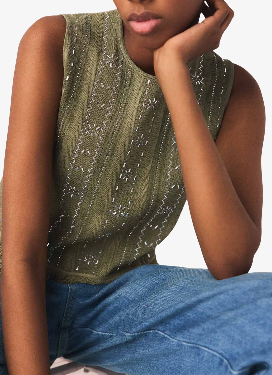 Maje Lilurex tanktop met strass en franjes - detail 5 legergroen