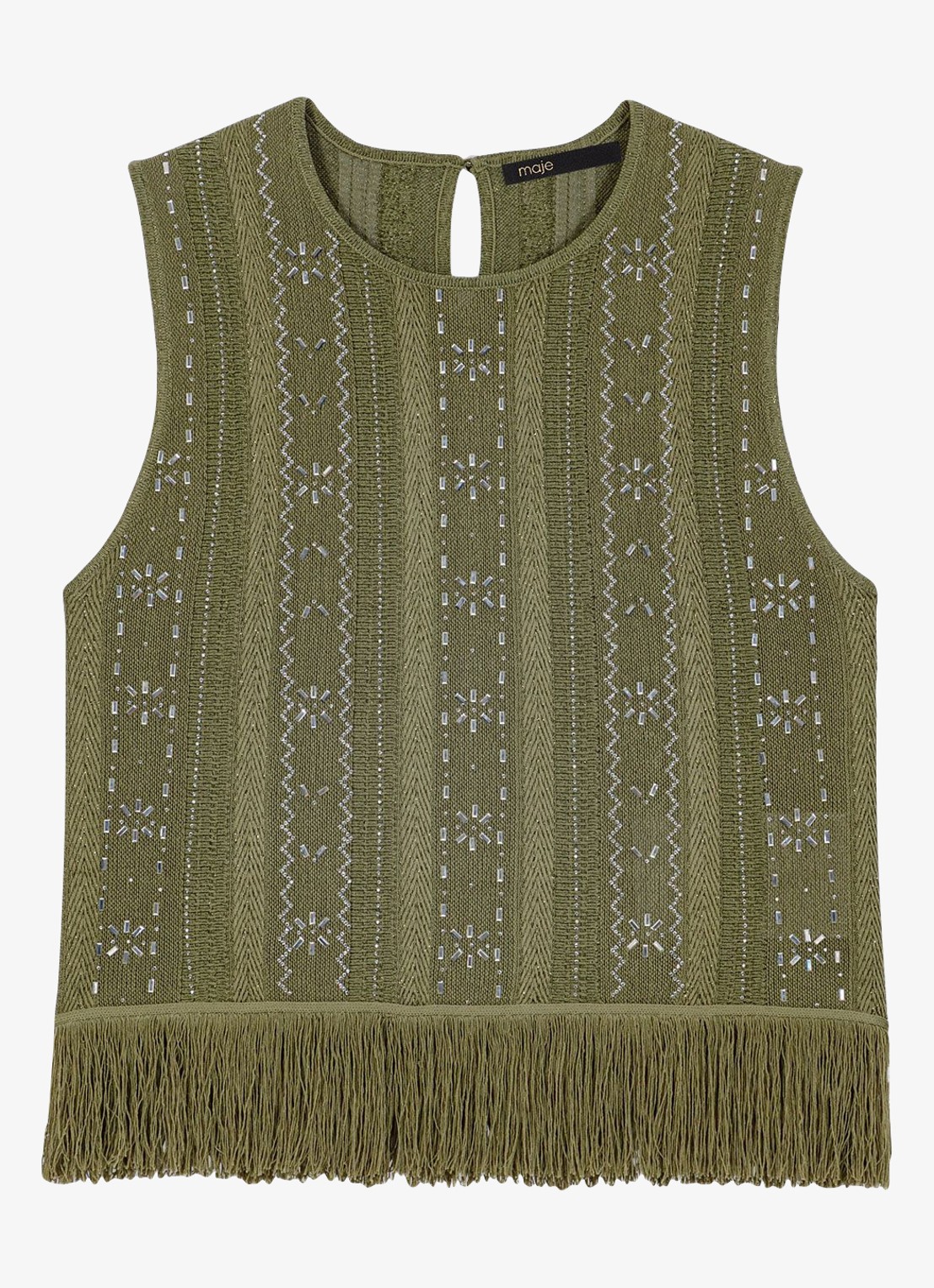 Maje Lilurex tanktop met strass en franjes - voorkant 6 legergroen