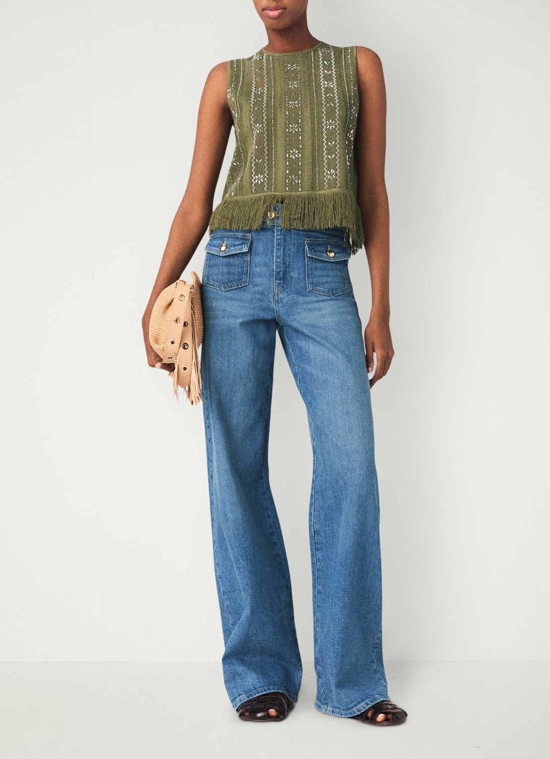Maje Lilurex tanktop met strass en franjes - voorkant 7 legergroen