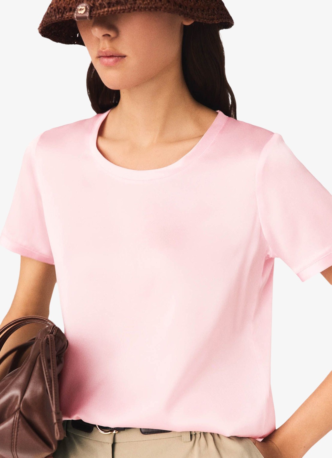 Maje Limeon T-shirt van zijde met ronde hals - detail roze
