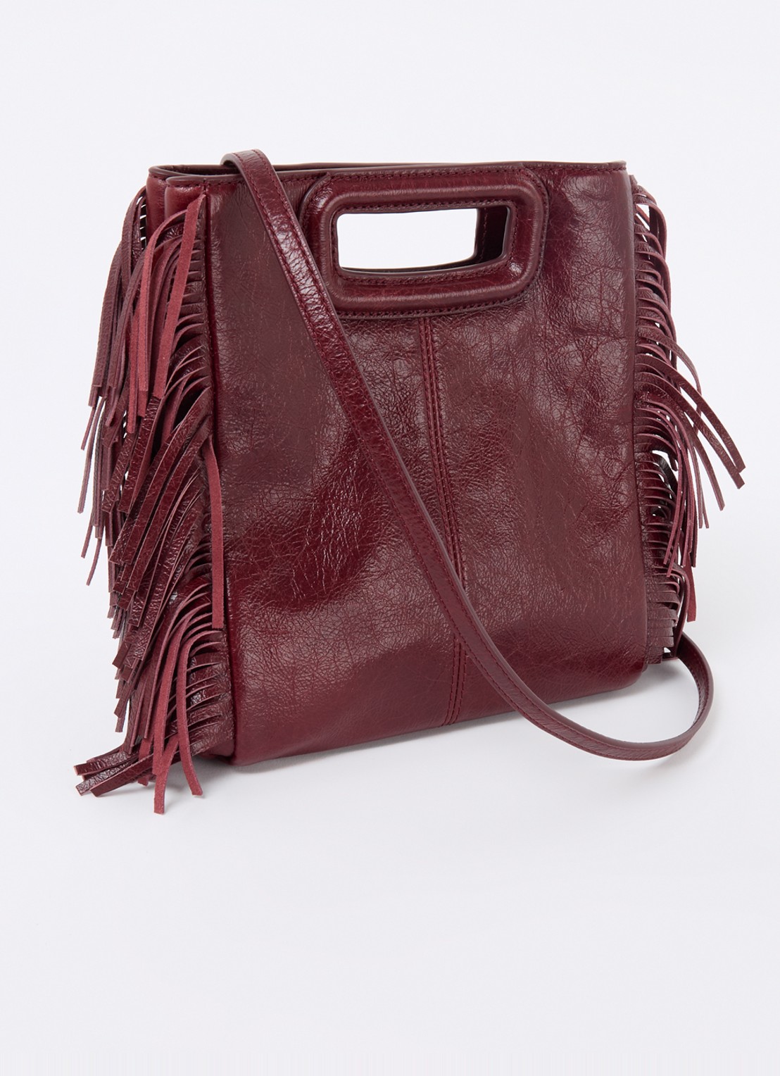 Maje M bag crossbodytas van leer met franjes - achterkant bordeauxrood