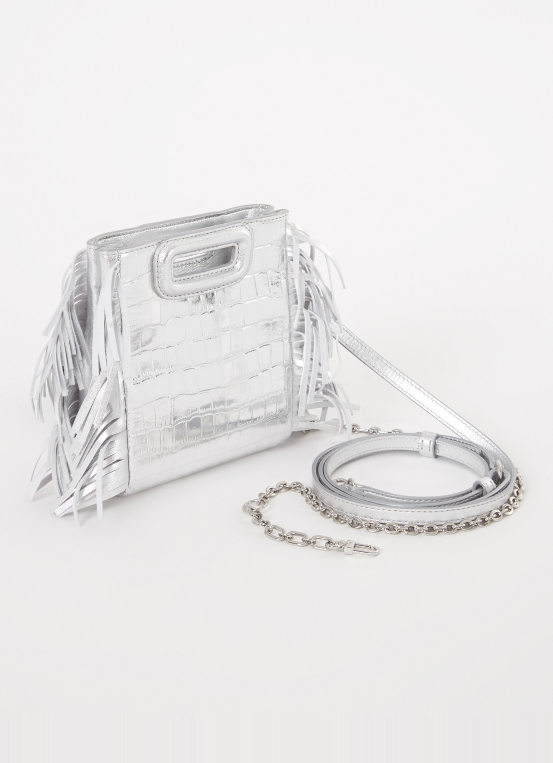 Maje M bag Mini handtas van schapenleer met franjes en crocostructuur - achterkant zilver