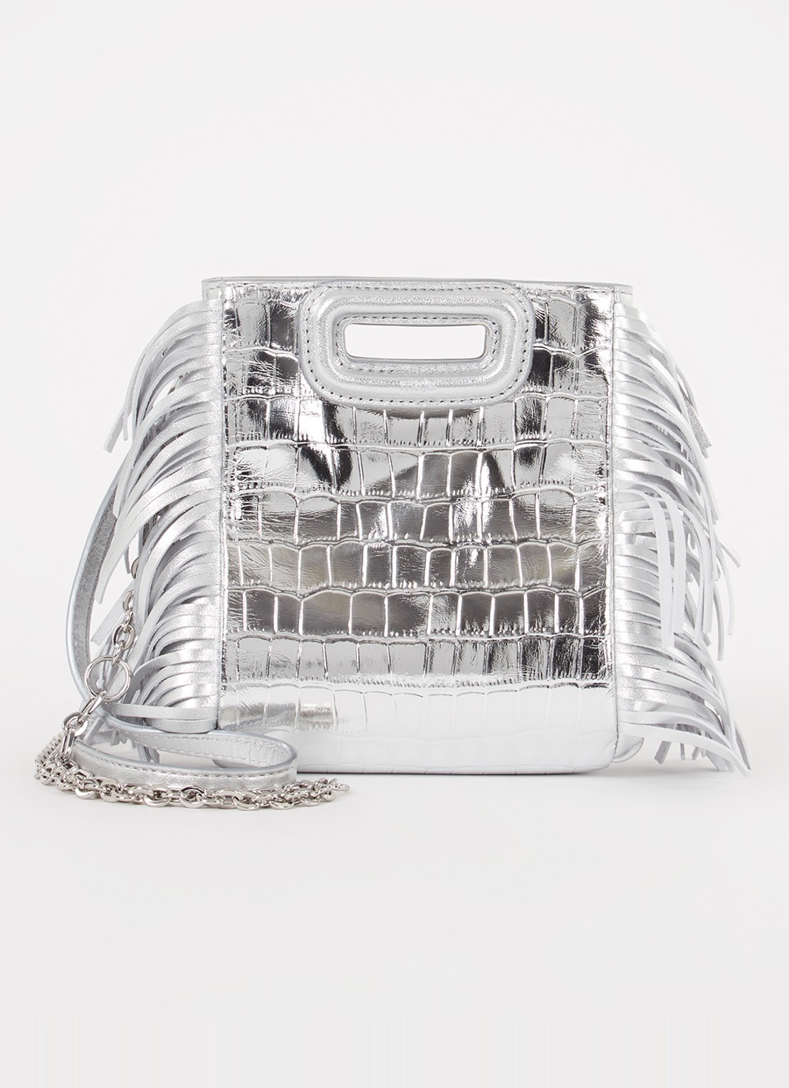 Maje M bag Mini handtas van schapenleer met franjes en crocostructuur - voorkant 2 zilver