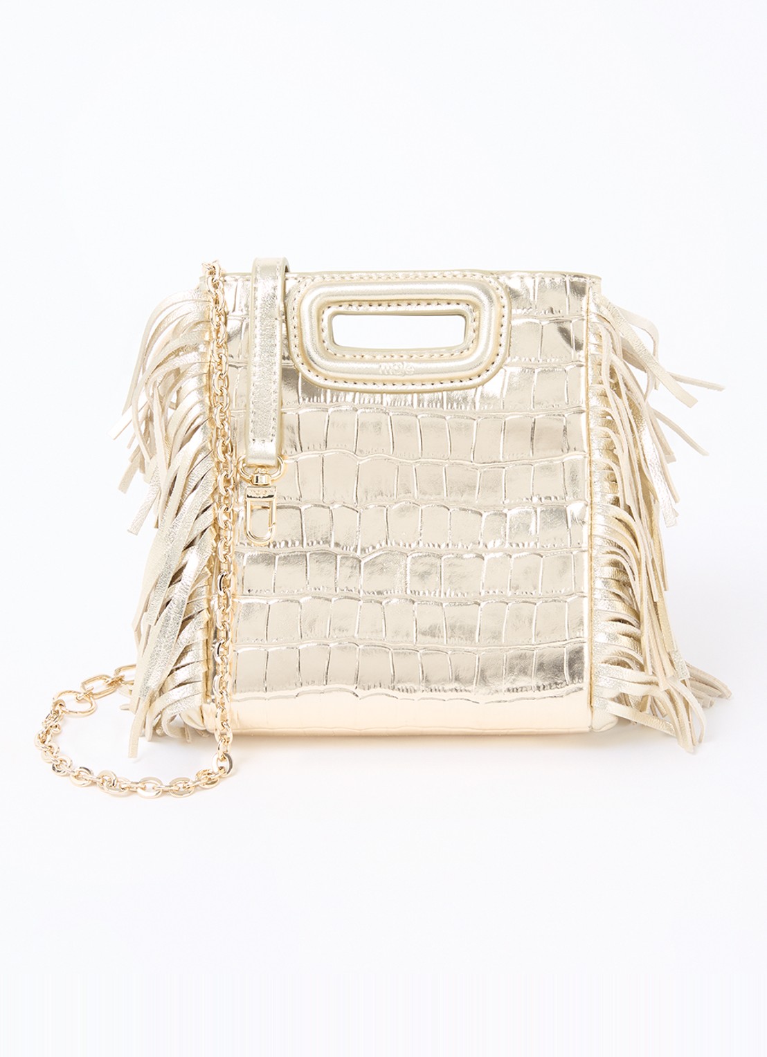 Maje M bag Mini handtas van schapenleer met franjes en crocostructuur - voorkant 2 goud