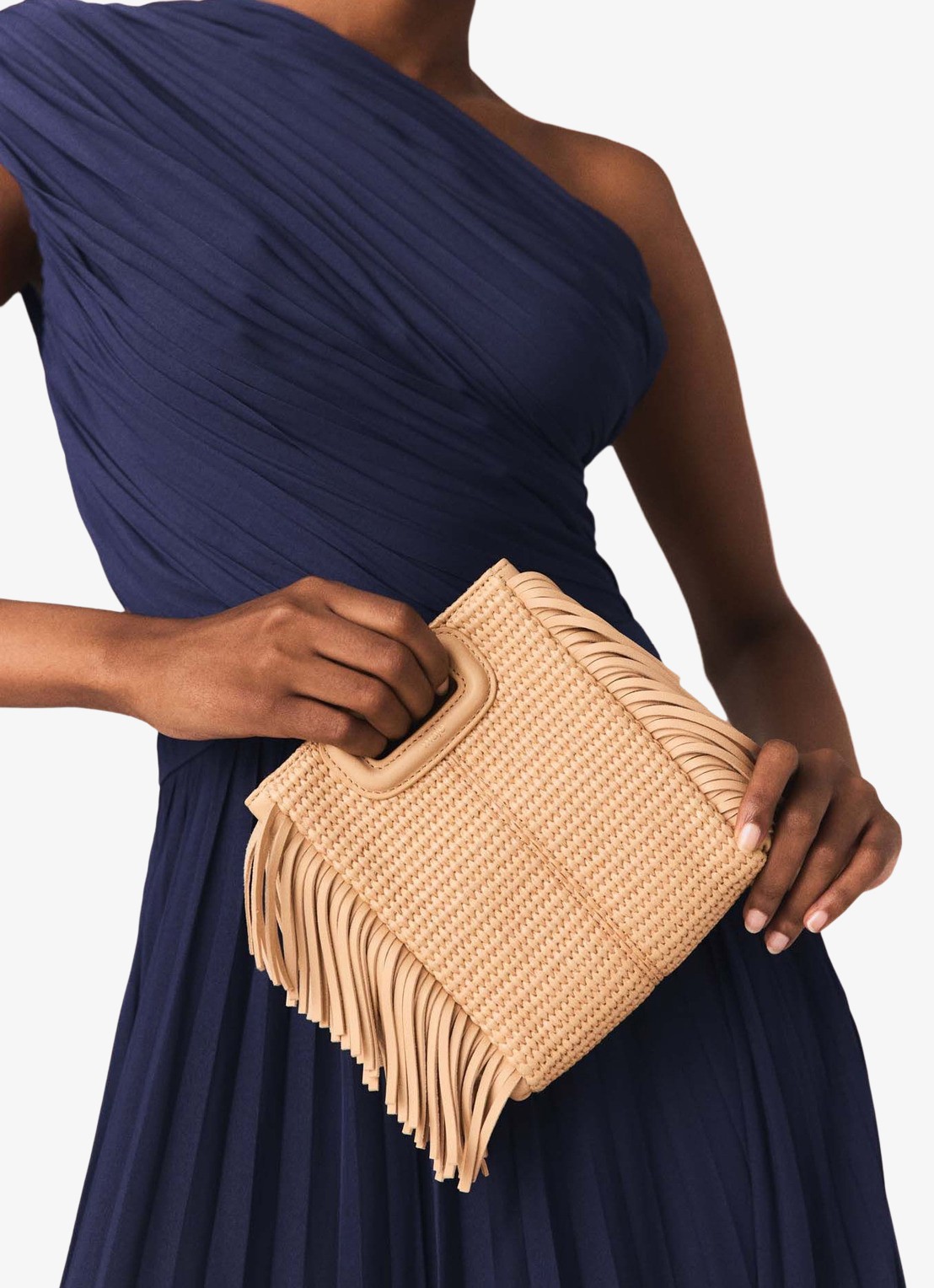 Maje M Mini Raf City handtas met gevlochten detail en franjes - voorkant 6 beige