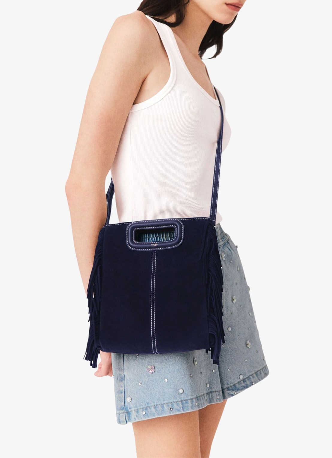 Maje M tas van getikte suède - voorkant 2 marineblauw