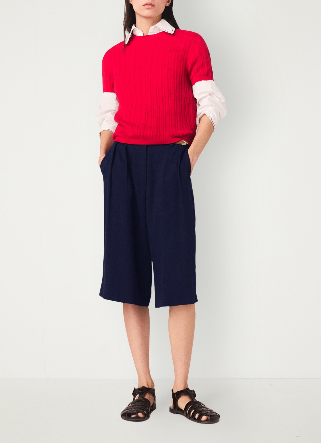 Maje Mapi kabelgebreide T-shirt in zijdeblend - voorkant steenrood