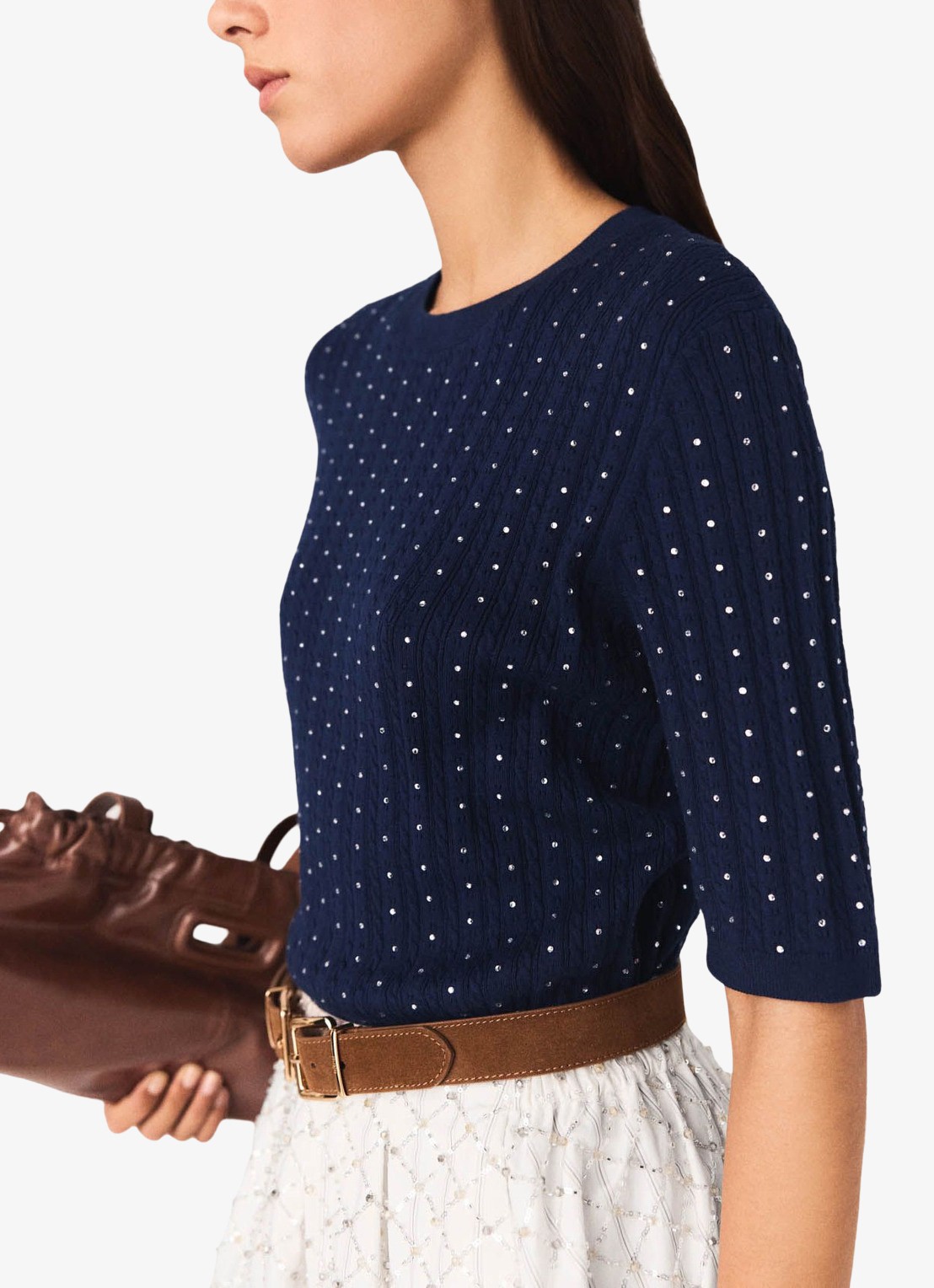 Maje Mapola fijngebreide trui met strass - detail 5 donkerblauw