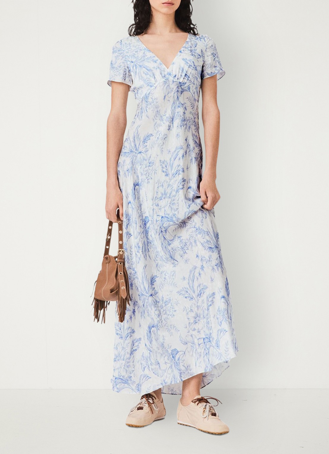 Maje Maxi jurk met V-hals en print - voorkant 2 blauw