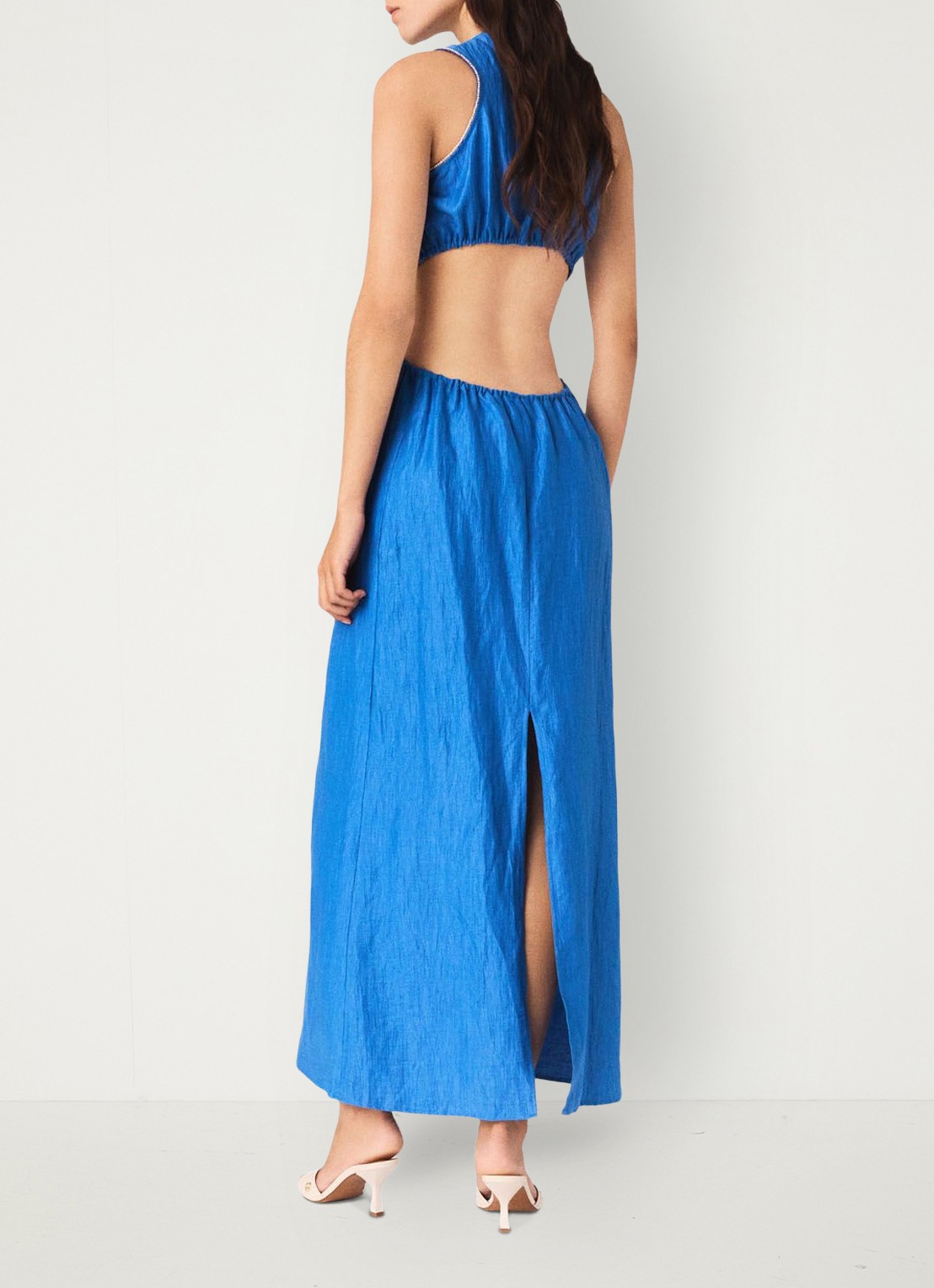 Maje Maxi jurk van linnen met rugdecolleté - detail 5 donkerblauw