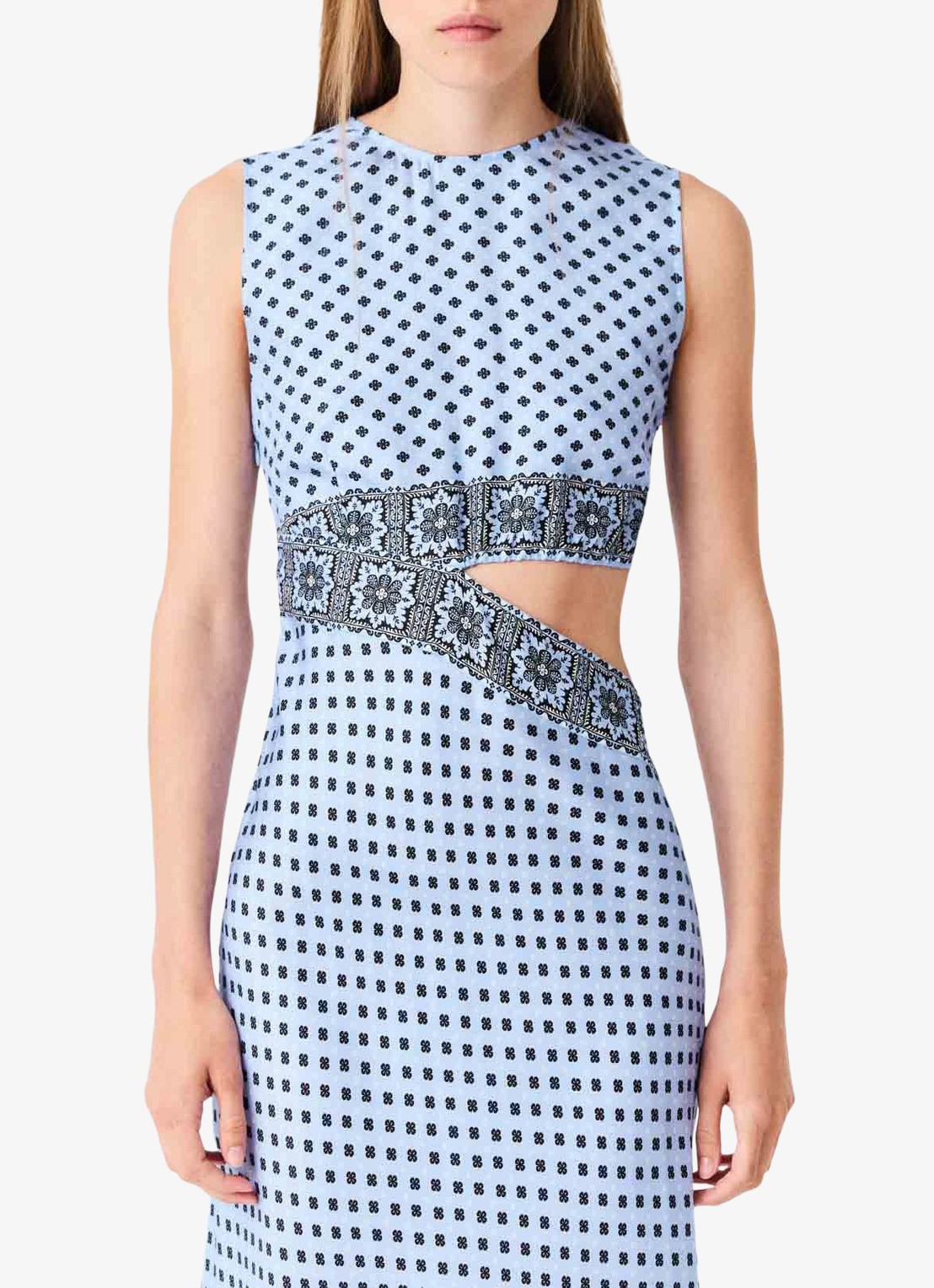 Maje Maxi jurk van zijde met cut-out detail en print - detail 5 lichtblauw