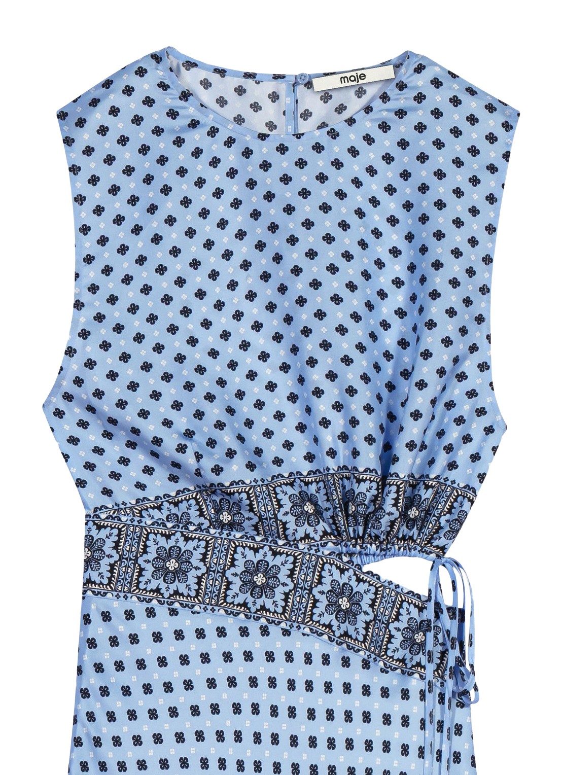 Maje Maxi jurk van zijde met cut-out detail en print - detail 7 lichtblauw