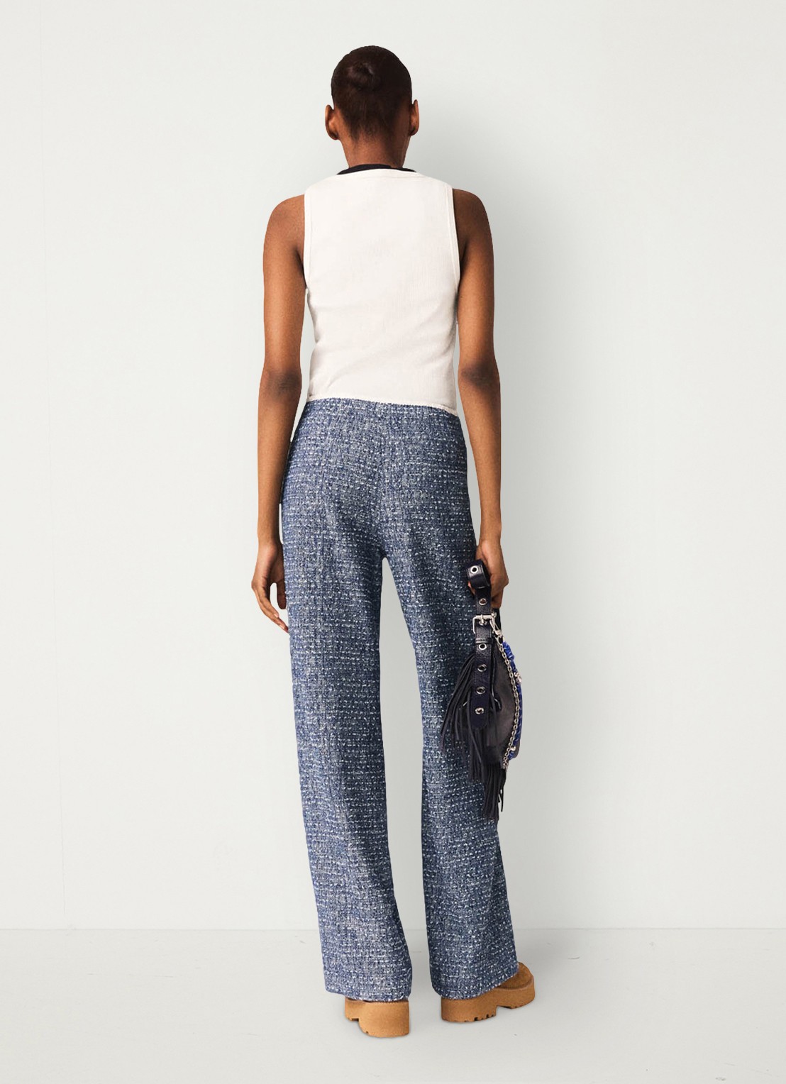 Maje Mid waist straight fit broek met tweed-look - achterkant donkerblauw