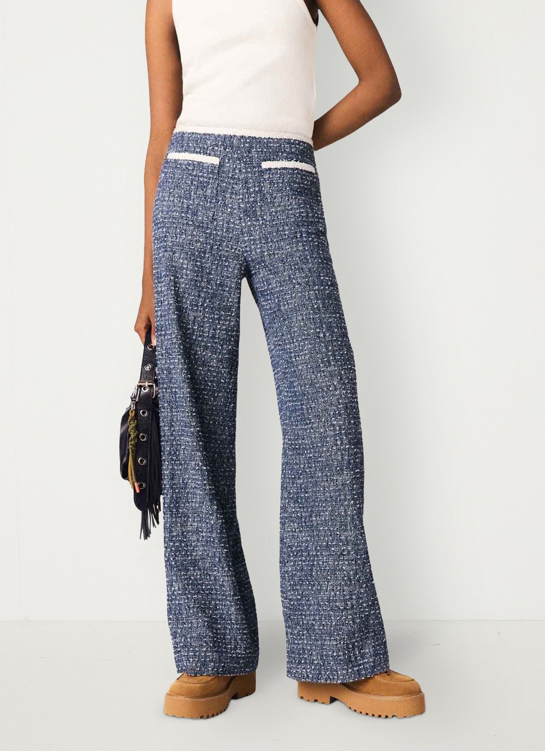 Maje Mid waist straight fit broek met tweed-look - detail 2 donkerblauw