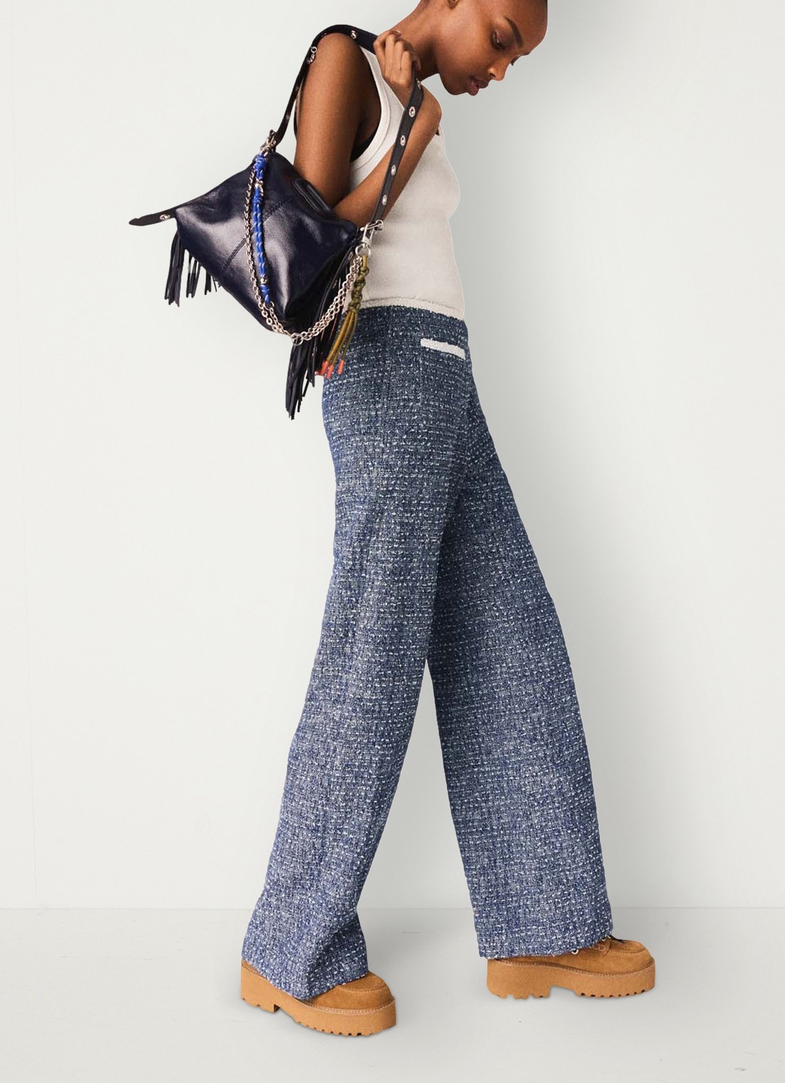 Maje Mid waist straight fit broek met tweed-look - detail 4 donkerblauw