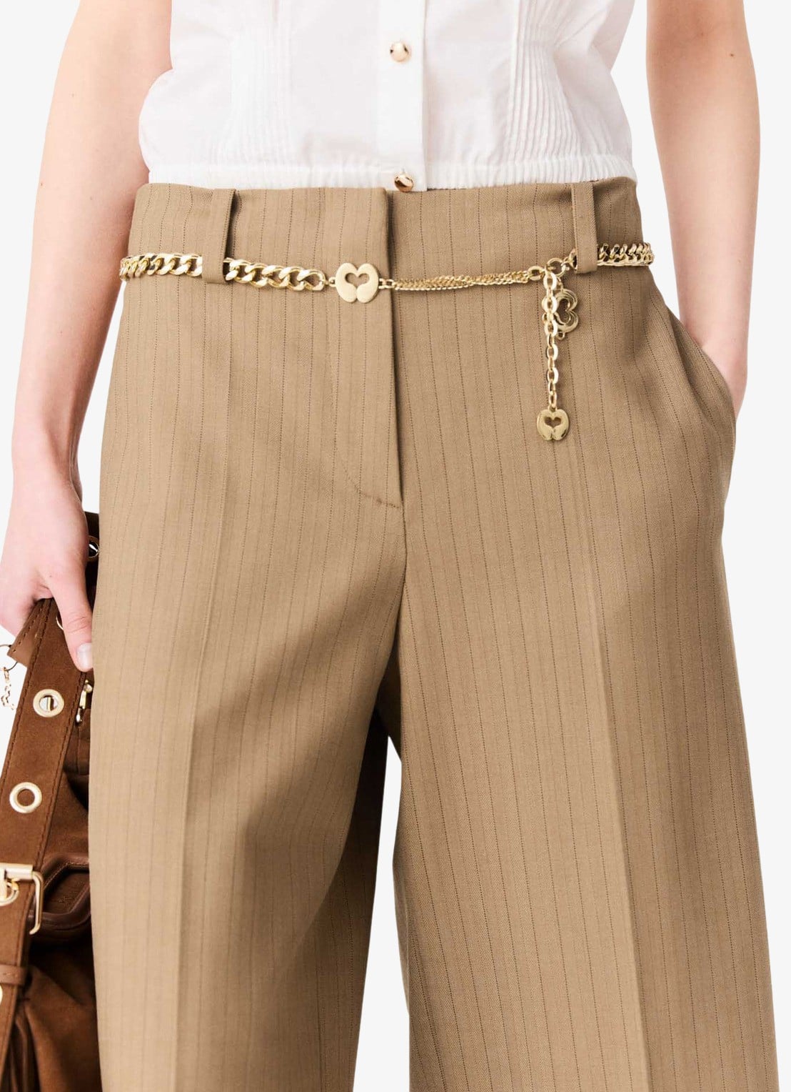 Maje Mid waist wide fit korte broek met streepprint - detail 5 beige / beige
