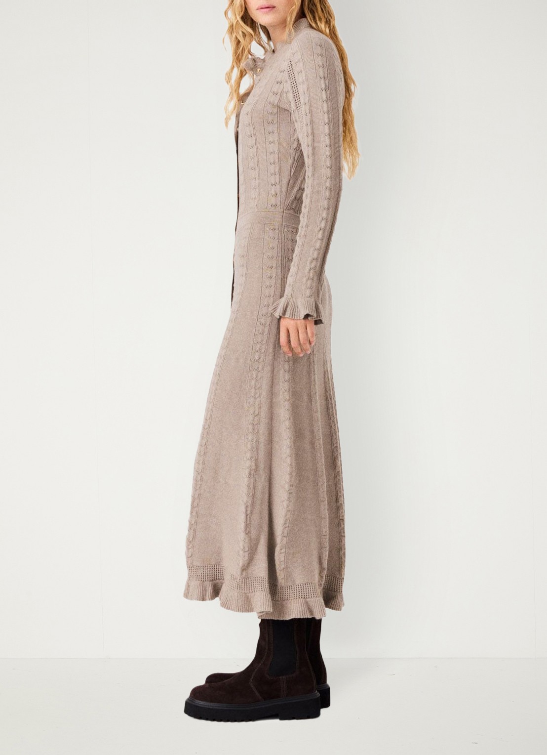 Maje Midi blousejurk in wolblend met ruches - detail beige