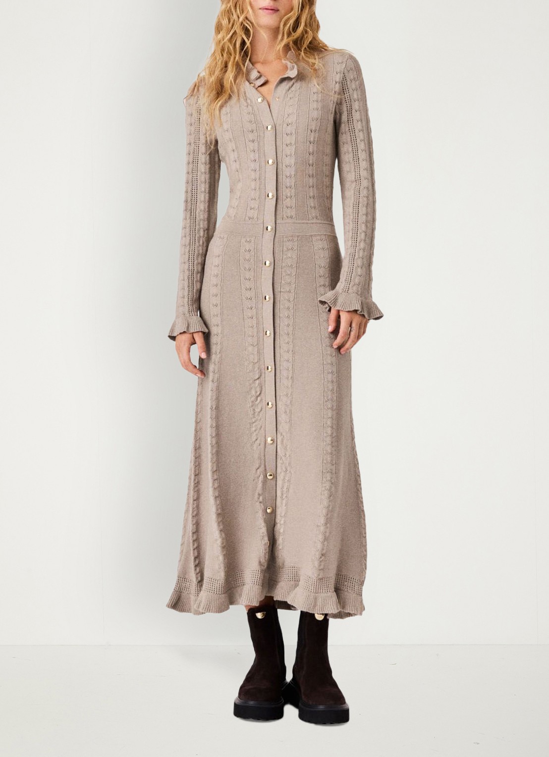 Maje Midi blousejurk in wolblend met ruches - detail 2 beige