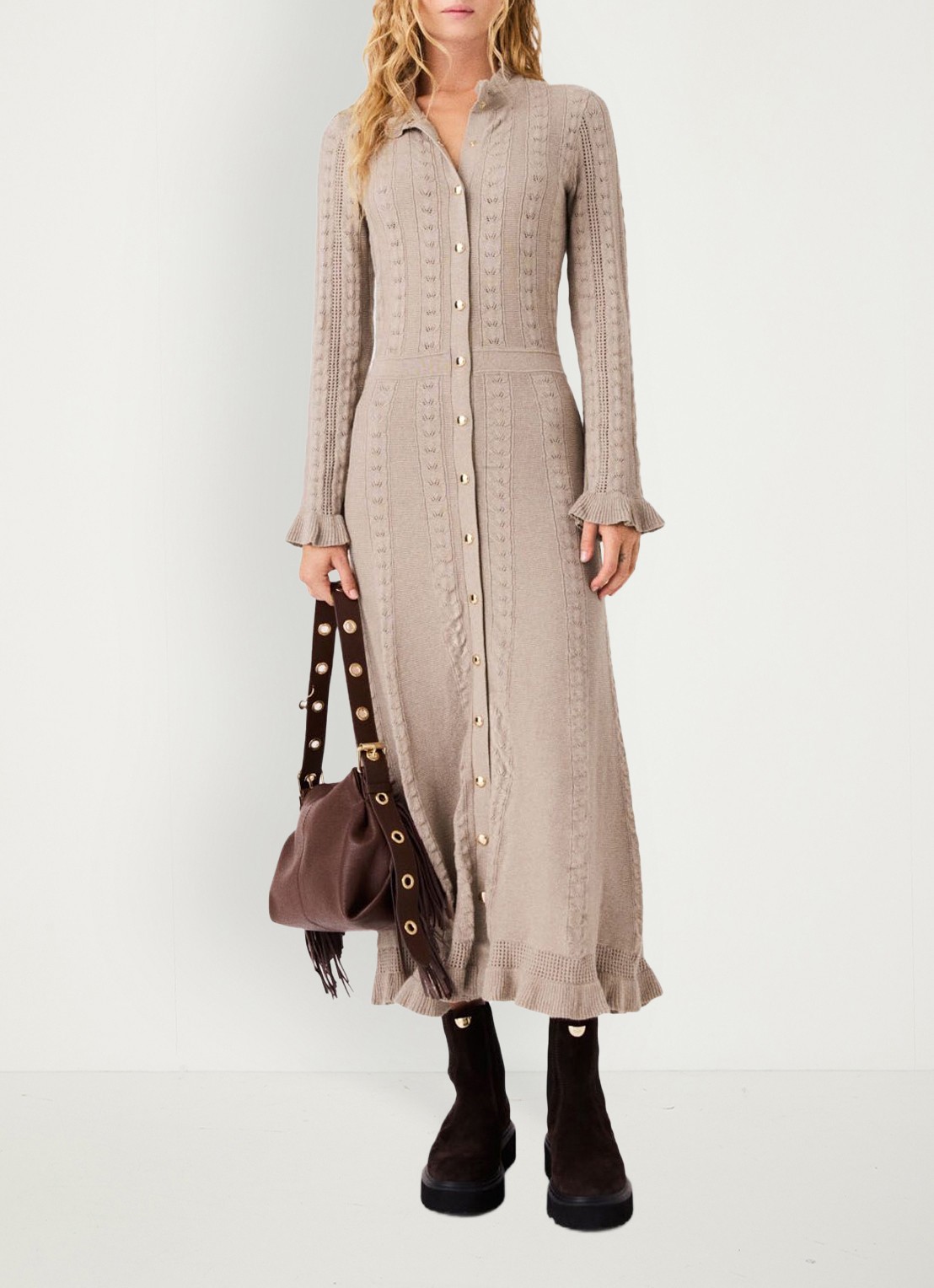 Maje Midi blousejurk in wolblend met ruches - voorkant 7 beige