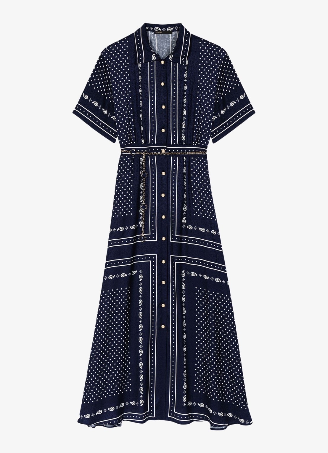 Maje Midi blousejurk met stippenprint - voorkant donkerblauw