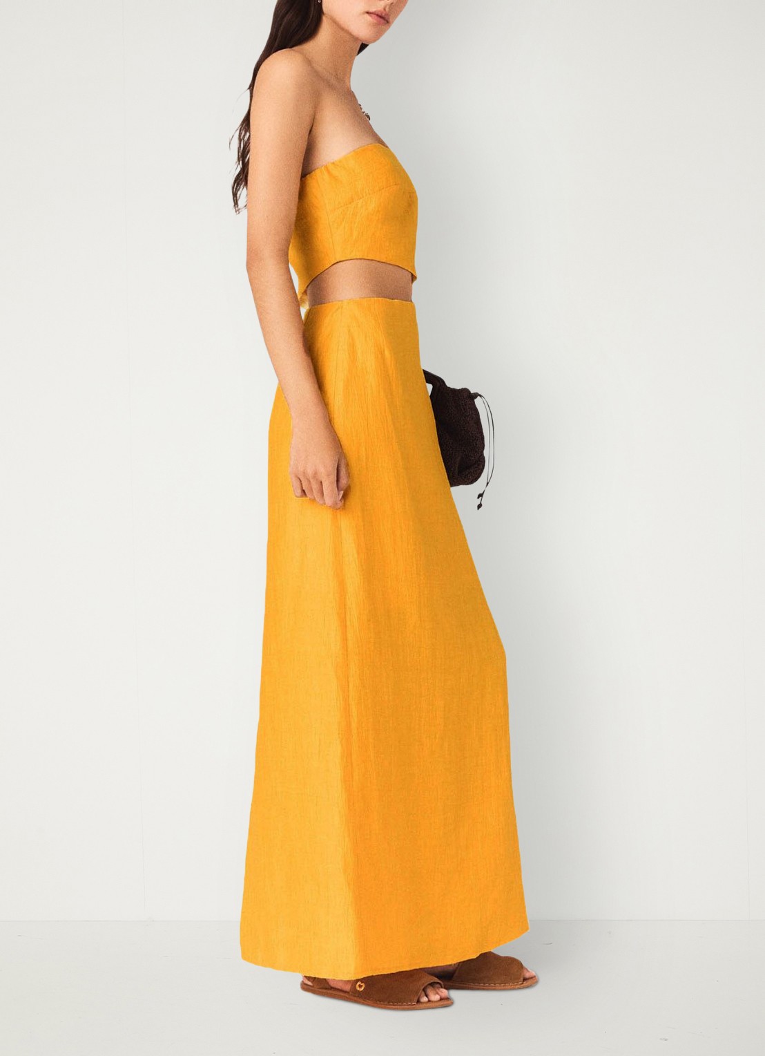 Maje Midi jurk in linnenblend met cut-out detail - detail 3 okergeel
