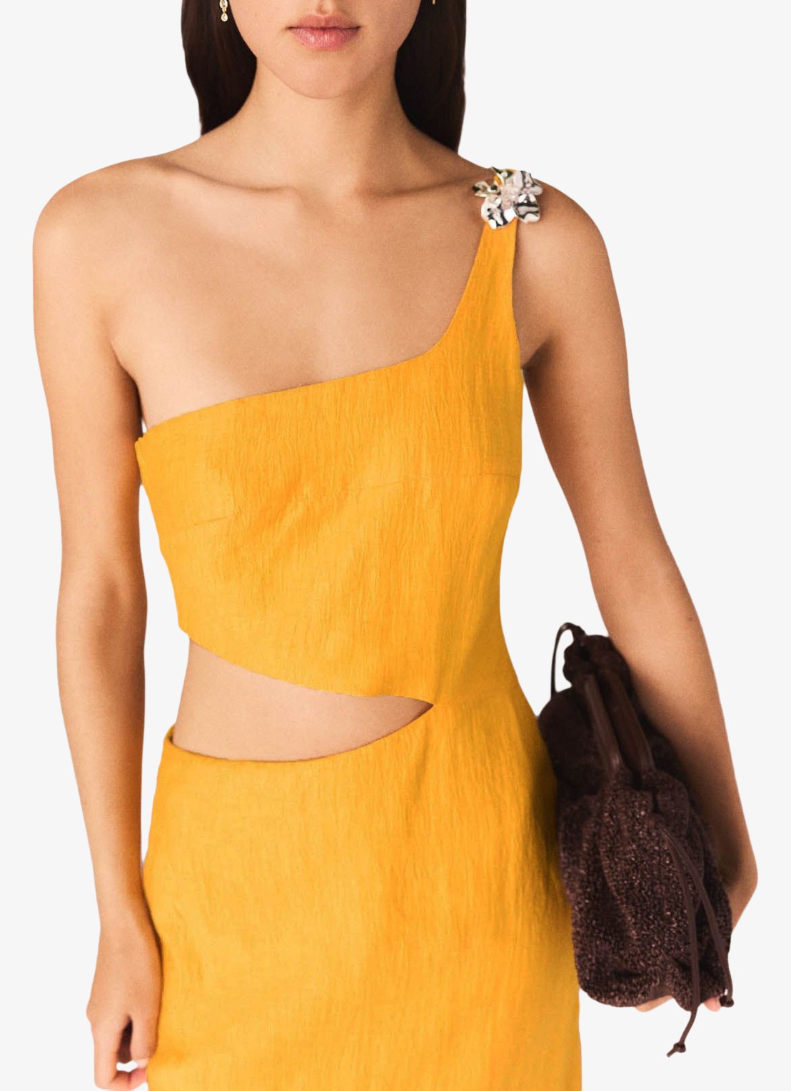 Maje Midi jurk in linnenblend met cut-out detail - detail 4 okergeel