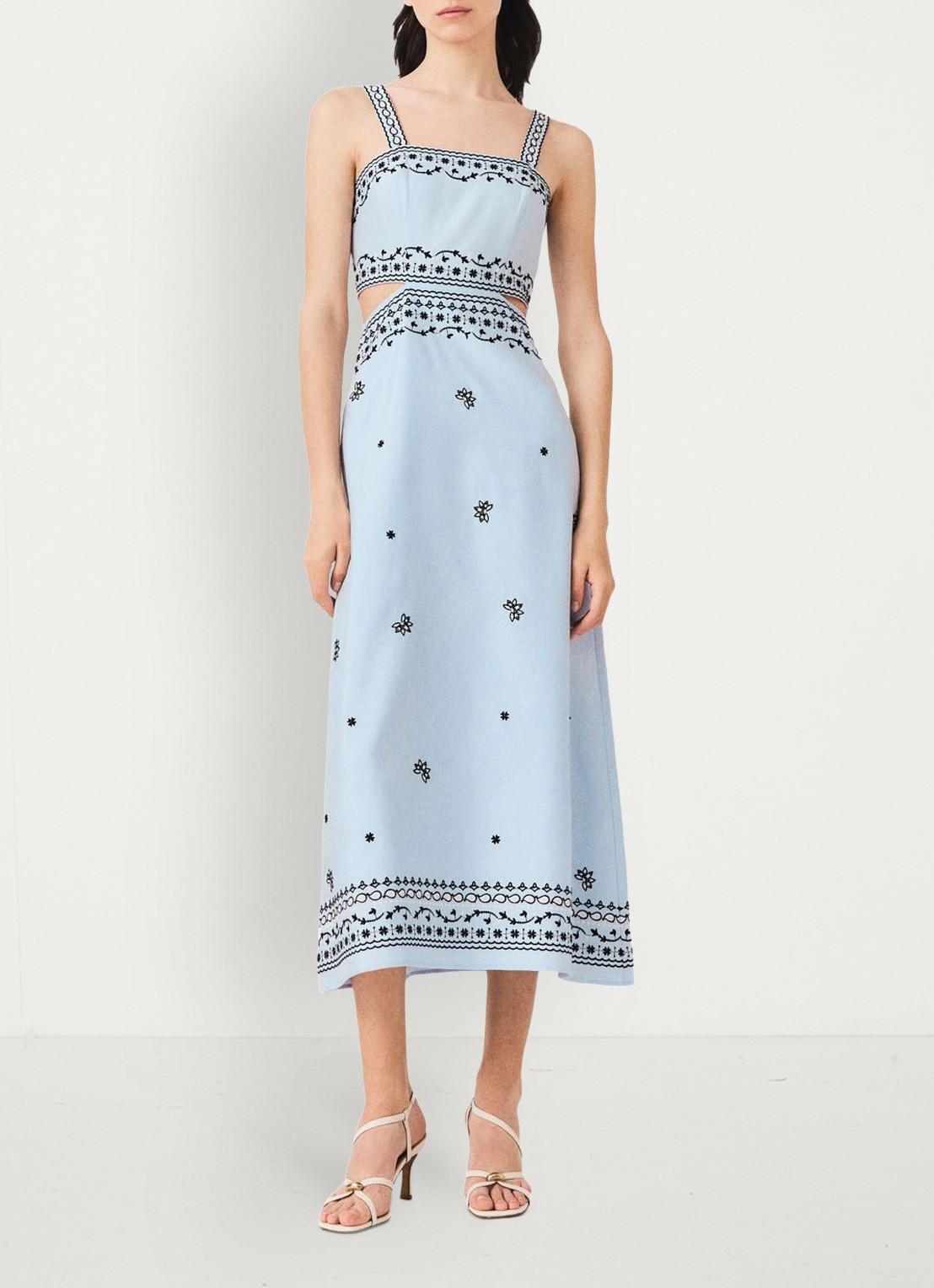 Maje Midi jurk in linnenblend met cut-out detail - voorkant 3 lichtblauw