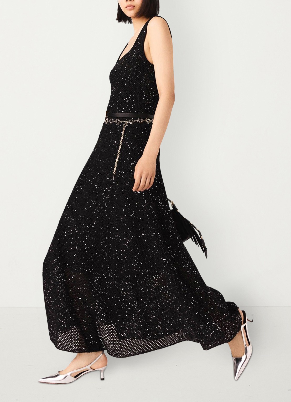 Maje Midi jurk met pailletten - detail zwart