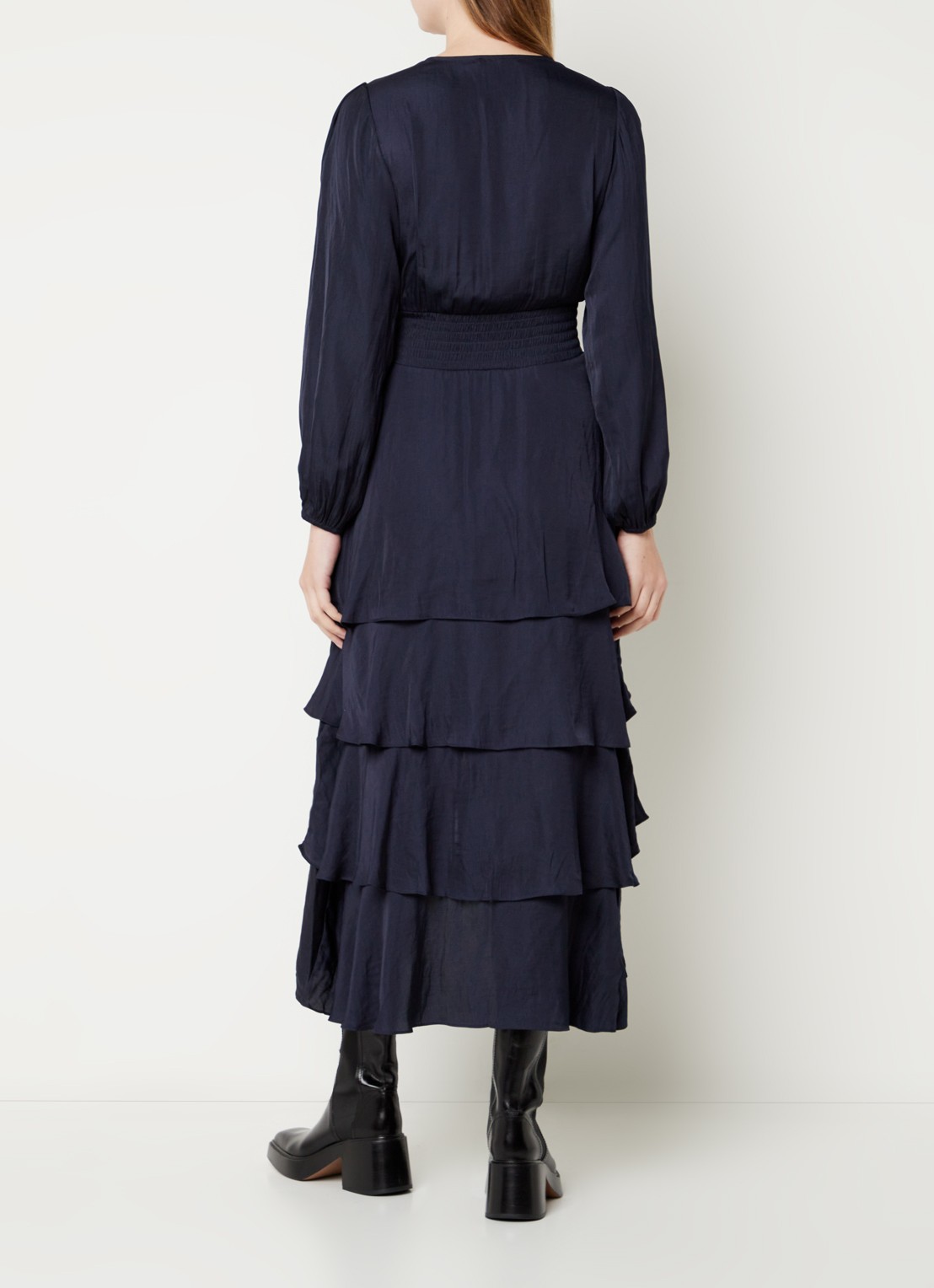 Maje Midi jurk met smockwerk en volant - achterkant 3 donkerblauw